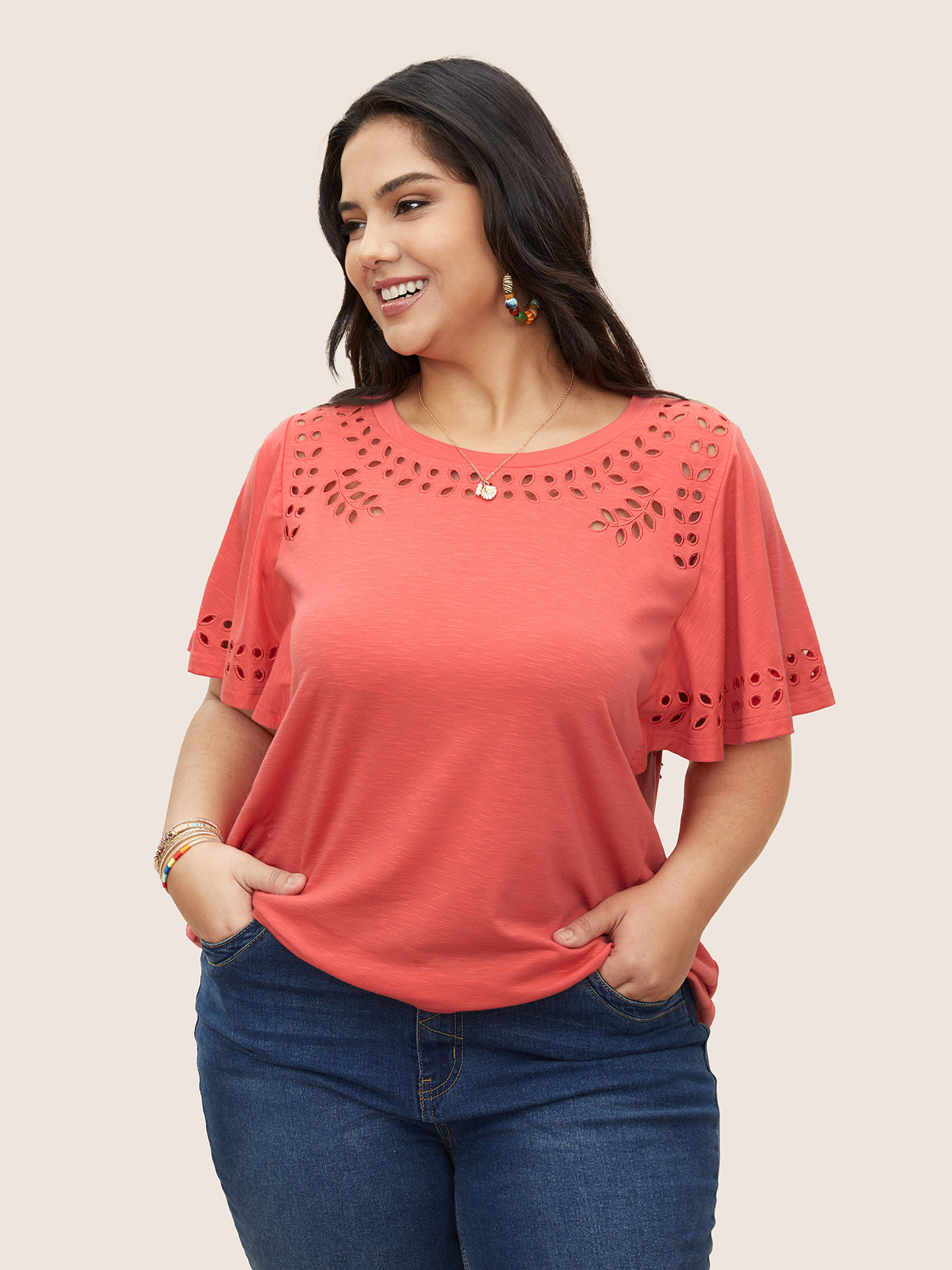 

Plus Size Solid Broderie Anglaise Flutter Sleeve T-shirt Salmon Women Resort Round Neck Vacation T-shirts BloomChic