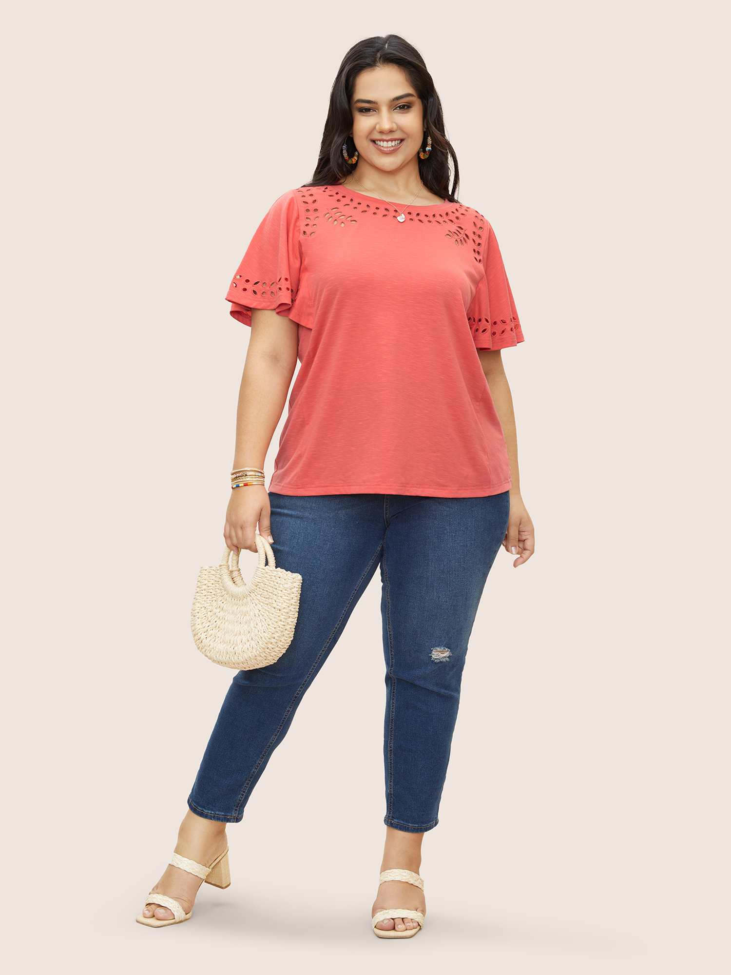 

Plus Size Solid Broderie Anglaise Flutter Sleeve T-shirt Salmon Women Resort Round Neck Vacation T-shirts BloomChic