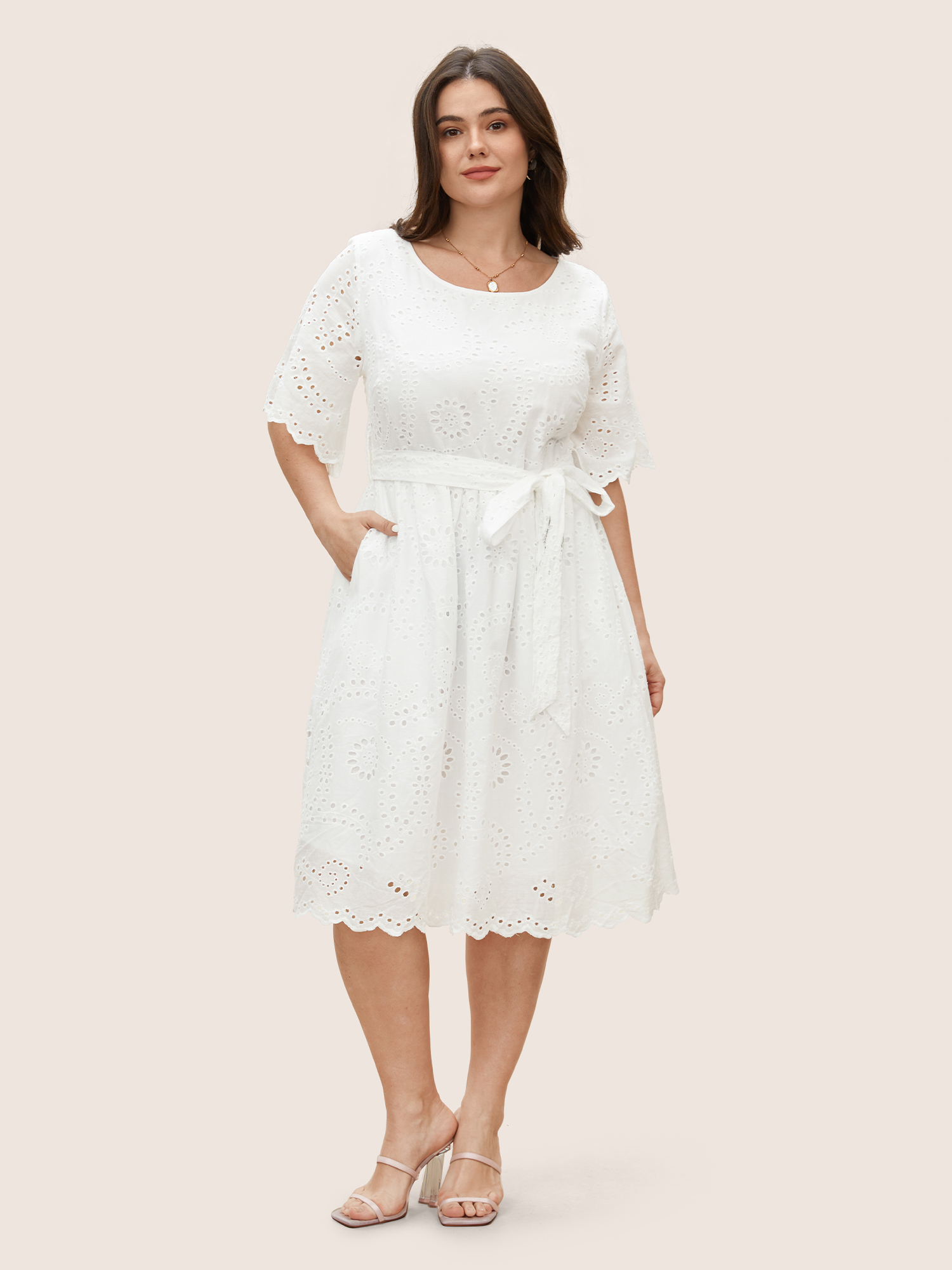 

Plus Size Broderie Anglaise Ruffle Sleeve Ties Dress White Women Non Round Neck Short sleeve Curvy Midi Dress BloomChic