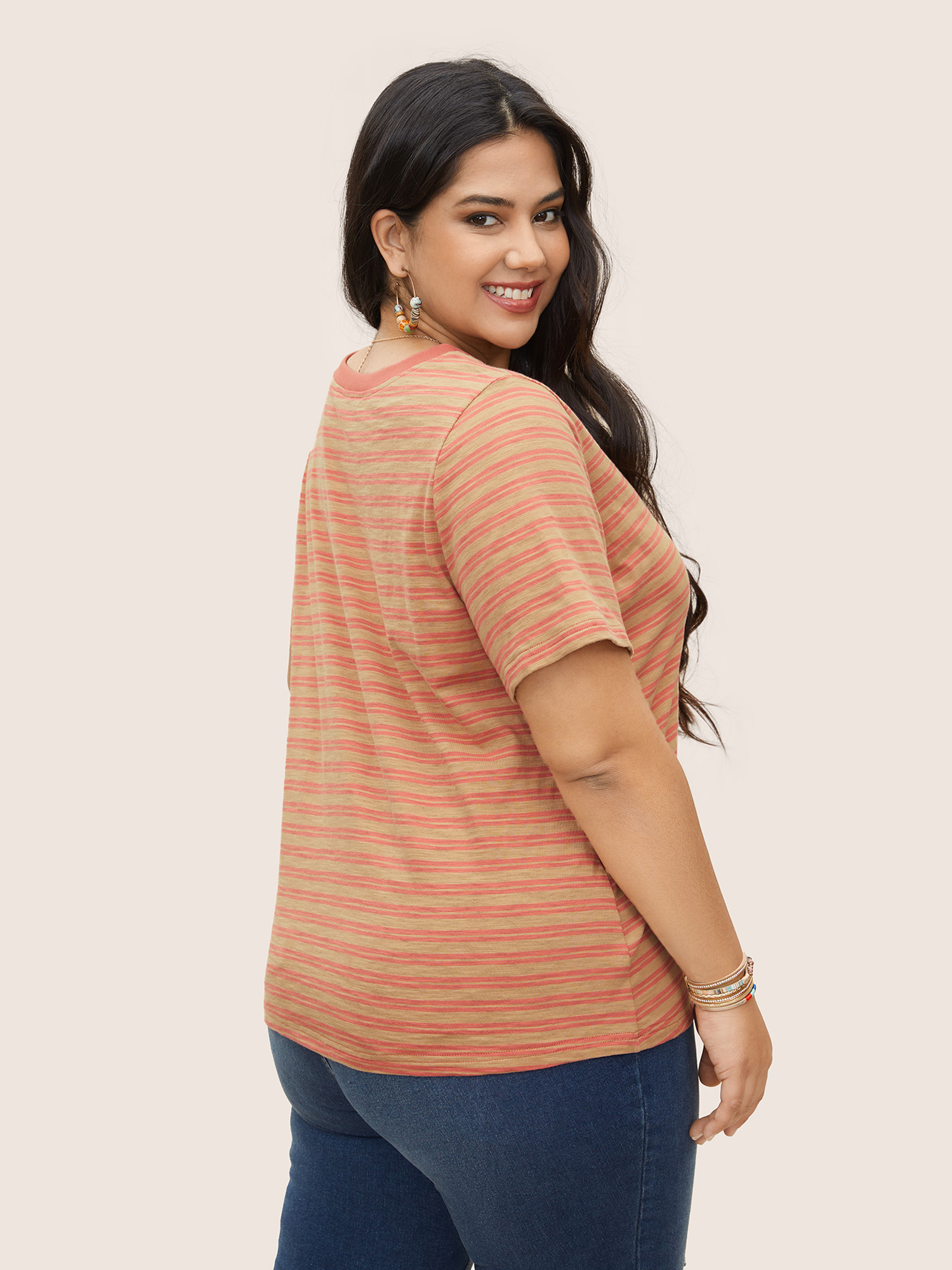 Plus Size Colored Stripes Print Crew Neck T-shirt Tan Women Resort Contrast Round Neck Vacation T-shirts BloomChic 10/M 