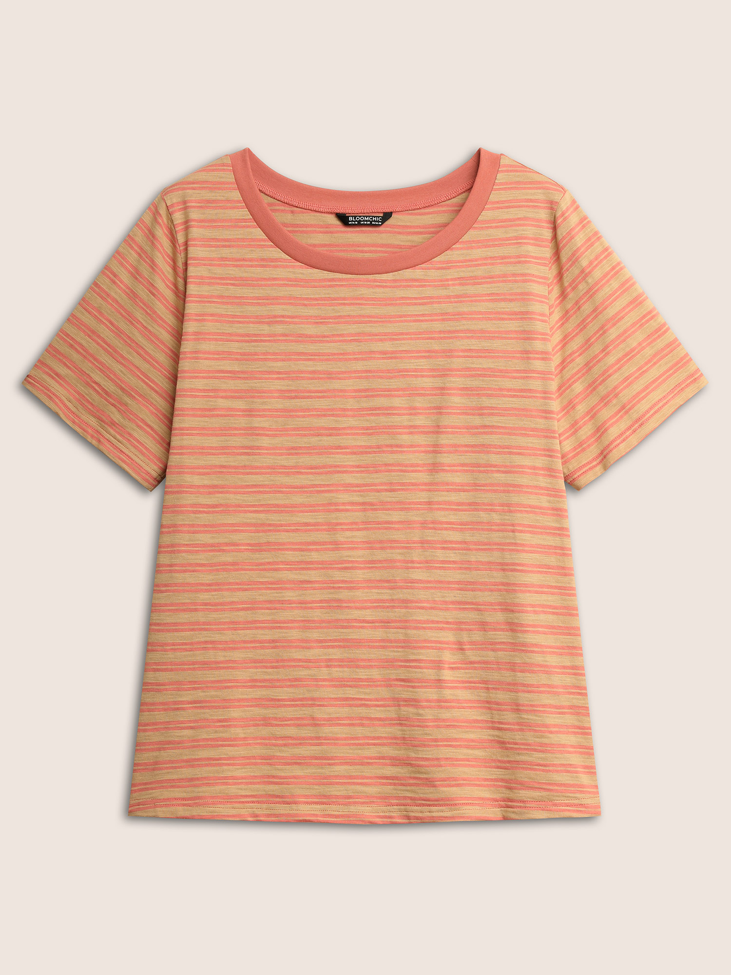 Plus Size Colored Stripes Print Crew Neck T-shirt Tan Women Resort Contrast Round Neck Vacation T-shirts BloomChic 10/M 