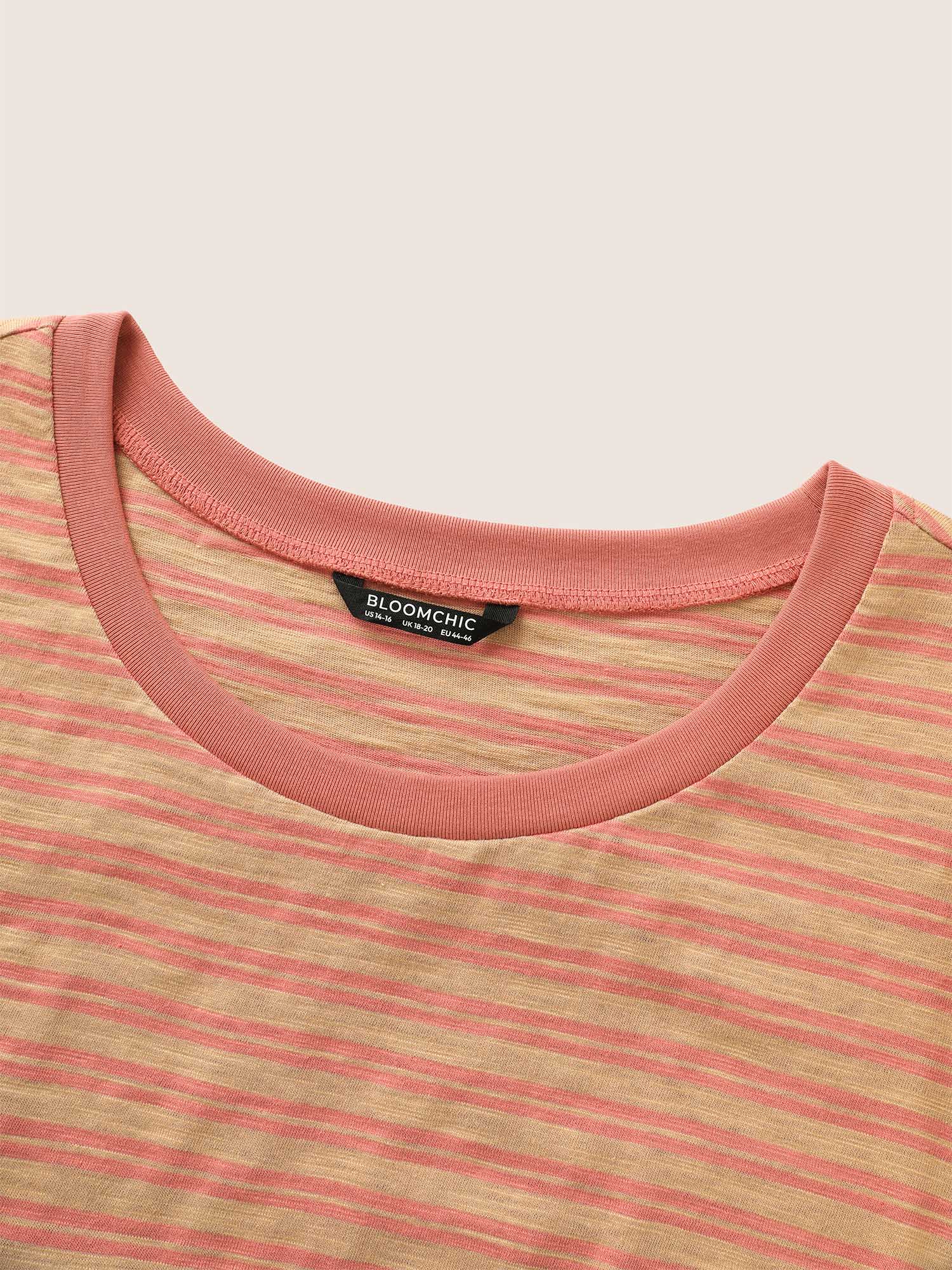Plus Size Colored Stripes Print Crew Neck T-shirt Tan Women Resort Contrast Round Neck Vacation T-shirts BloomChic 10/M 