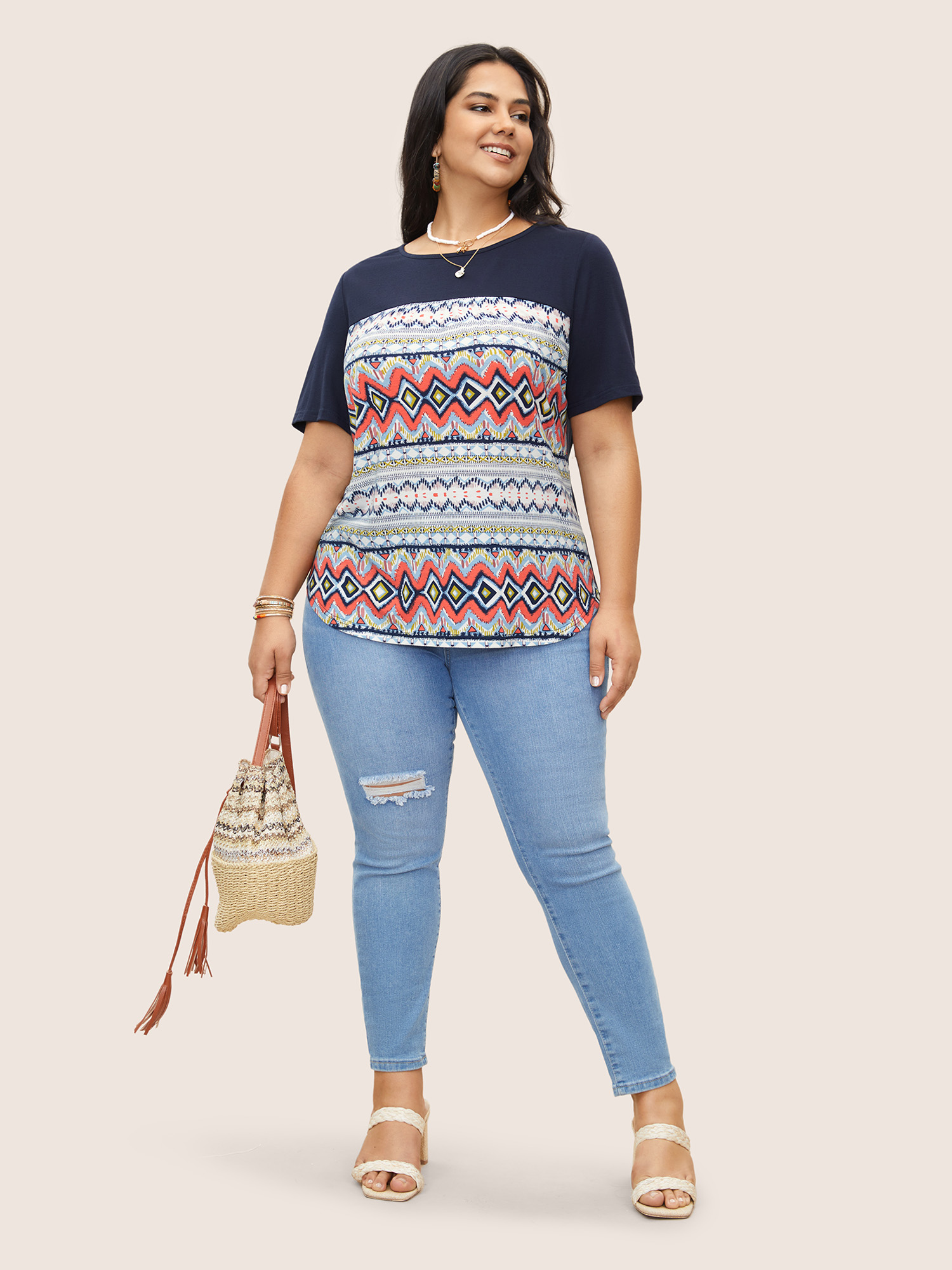 Plus Size Round Neck Bandana Print Patchwork T-shirt Indigo Women Resort Contrast Art&design Round Neck Vacation T-shirts BloomChic 14-16/1X 