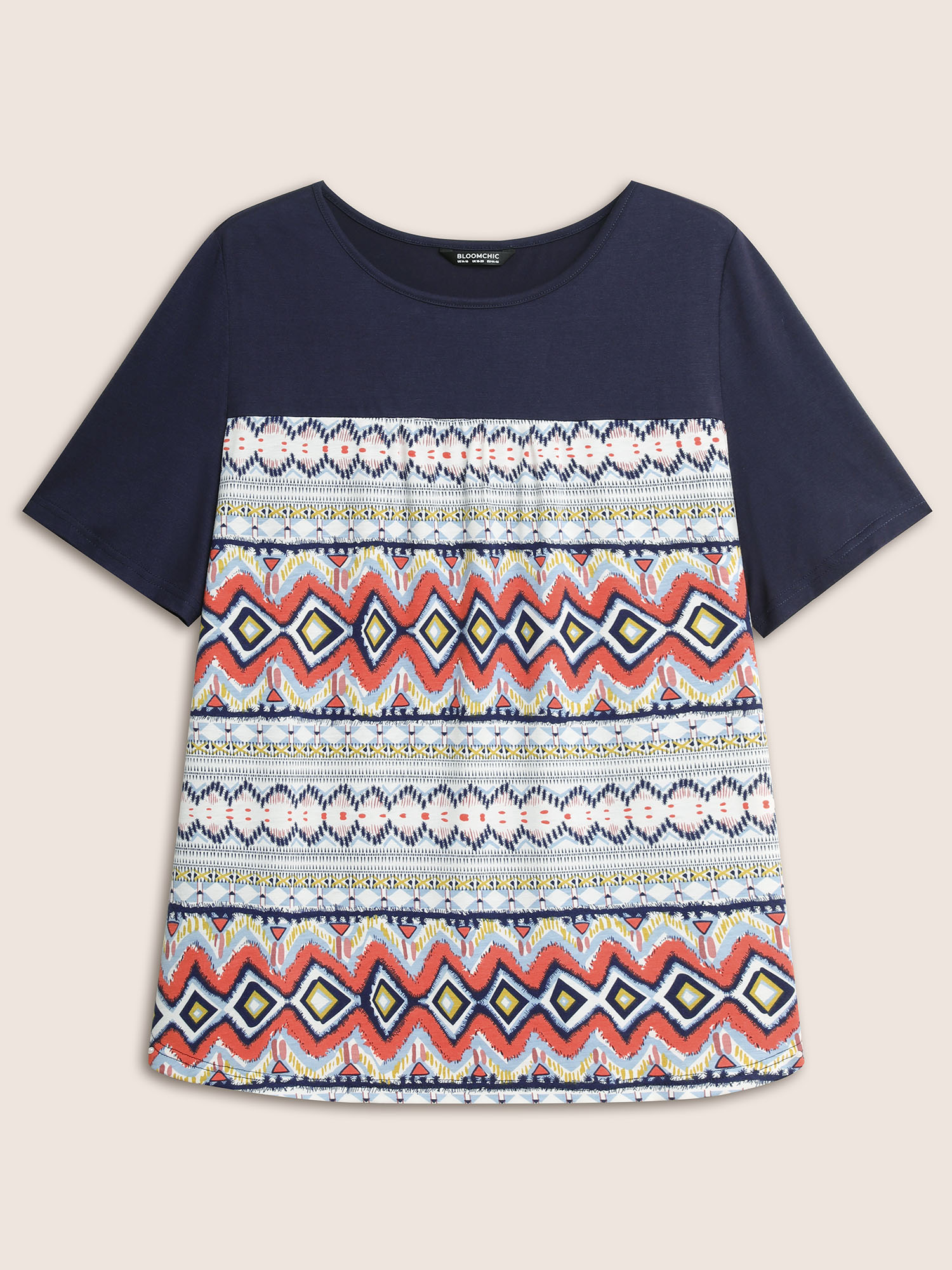Plus Size Round Neck Bandana Print Patchwork T-shirt Indigo Women Resort Contrast Art&design Round Neck Vacation T-shirts BloomChic 14-16/1X 