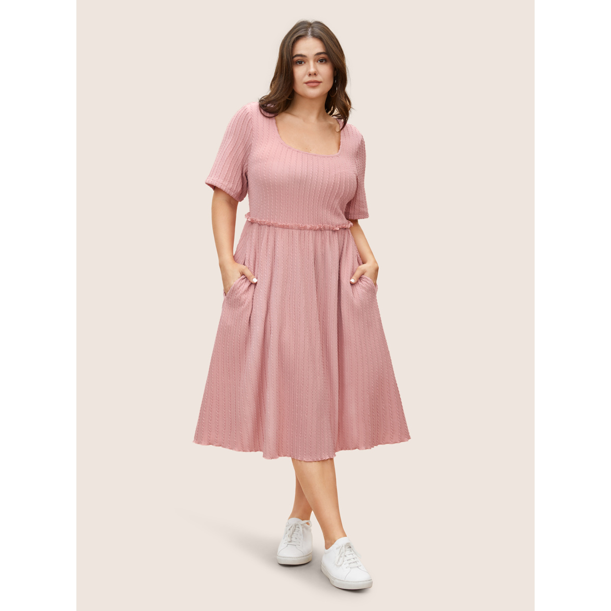 

Plus Size Plain Textured Frill Trim Pocket Dress Pink Women Frill Trim Round Neck Short sleeve Curvy BloomChic