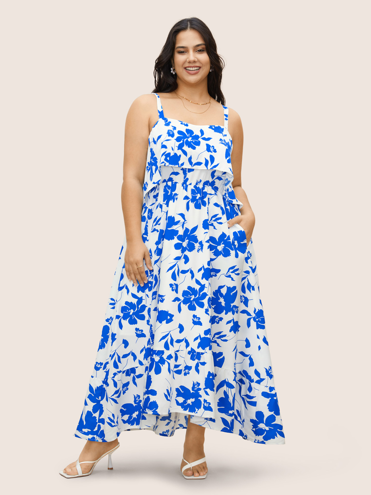 

Plus Size Silhouette Floral Print Ruffles Cami Dress Blue Women Elegant Ruffles Non Sleeveless Curvy BloomChic