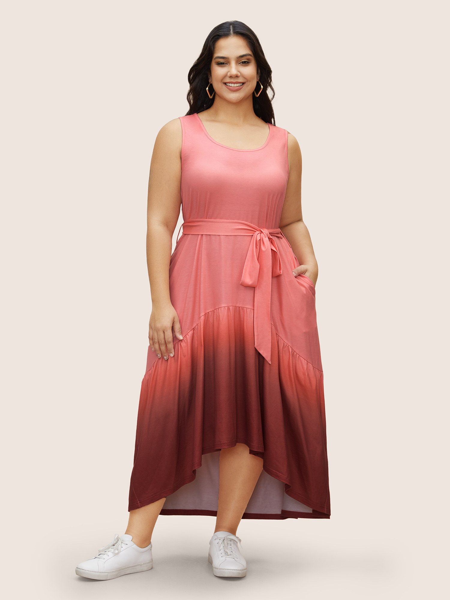

Plus Size Round Neck Ombre Belted Tank Dress Pink Women Casual Belted Round Neck Sleeveless Curvy BloomChic