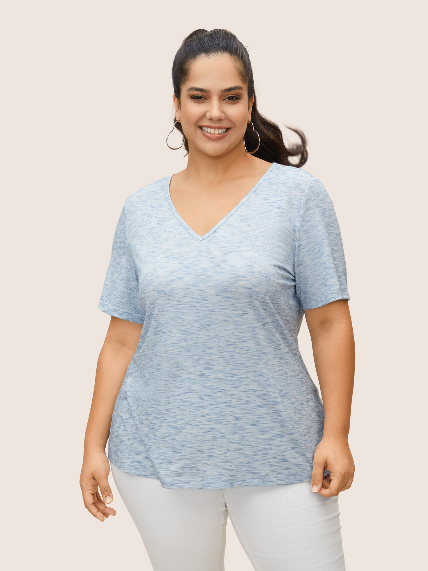 

Plus Size Solid Heather V Neck T-shirt LightBlue Women Casual V-neck Everyday T-shirts BloomChic