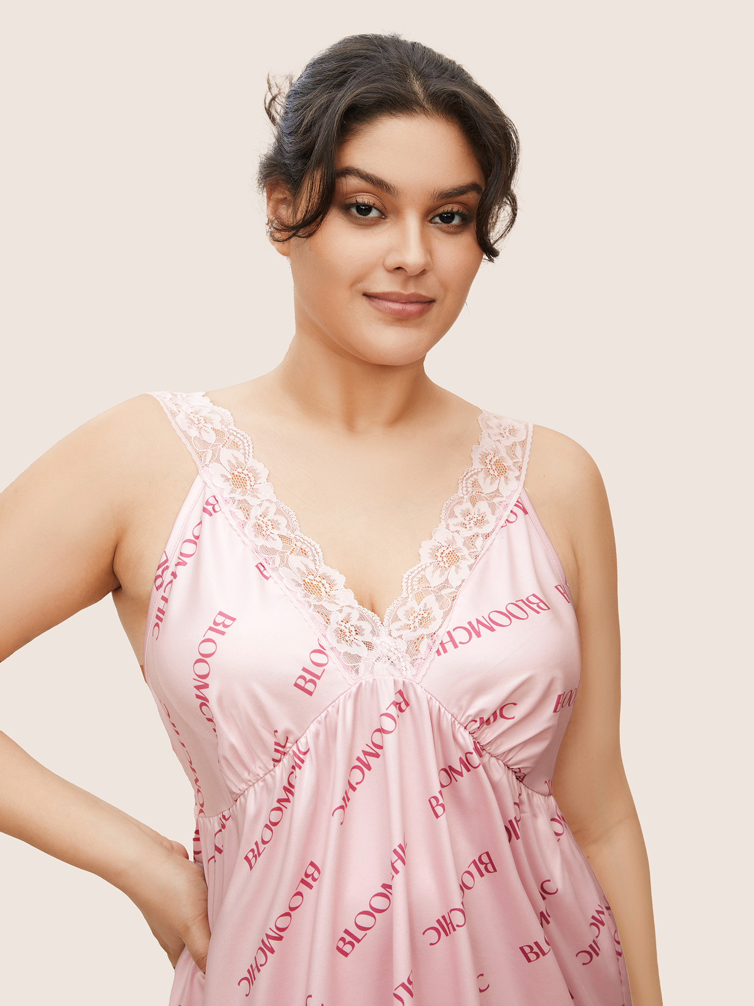 

Plus Size BLOOMCHIC Lace Panel Sleep Dress Pink Sleeveless V-neck Lounge Everyday  Bloomchic