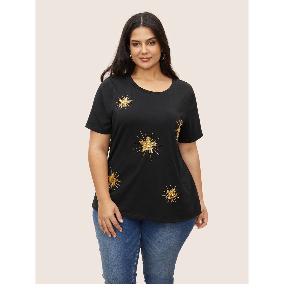 

Plus Size Contrast Star Sequin Round Neck T-shirt Black Women Casual Contrast Star and moon Round Neck Everyday T-shirts BloomChic