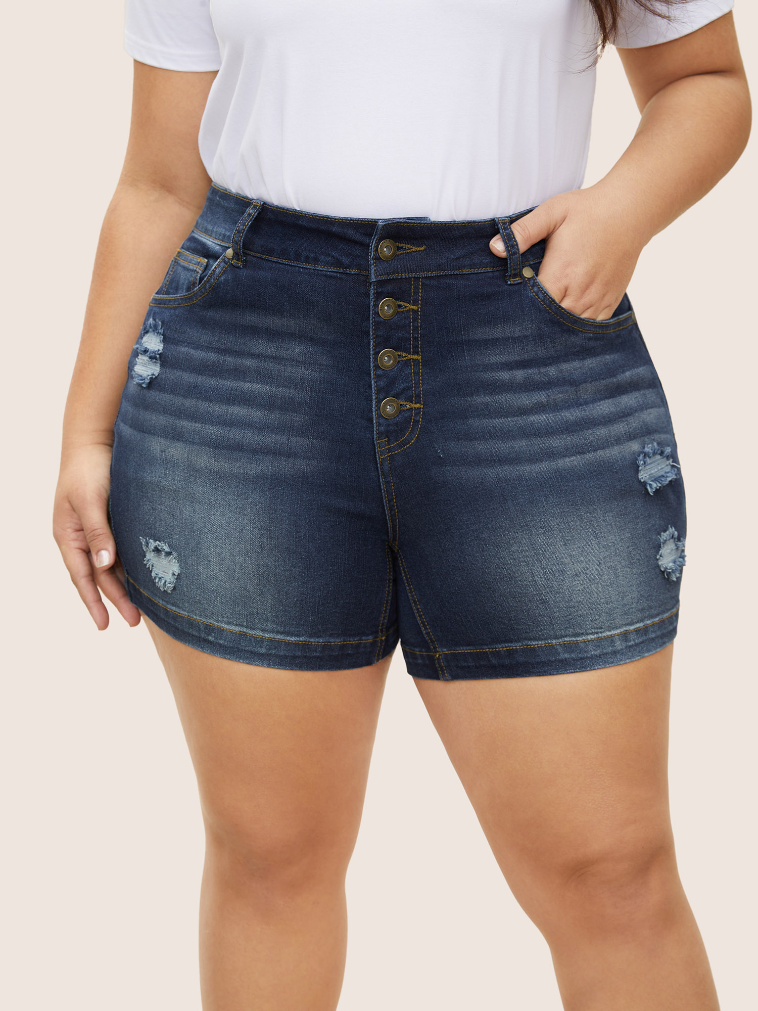 

Plus Size Dark Wash Button Up Distressed Denim Shorts Women Midnight Distressed High stretch Everyday Slanted pocket Casual Denim Shorts BloomChic