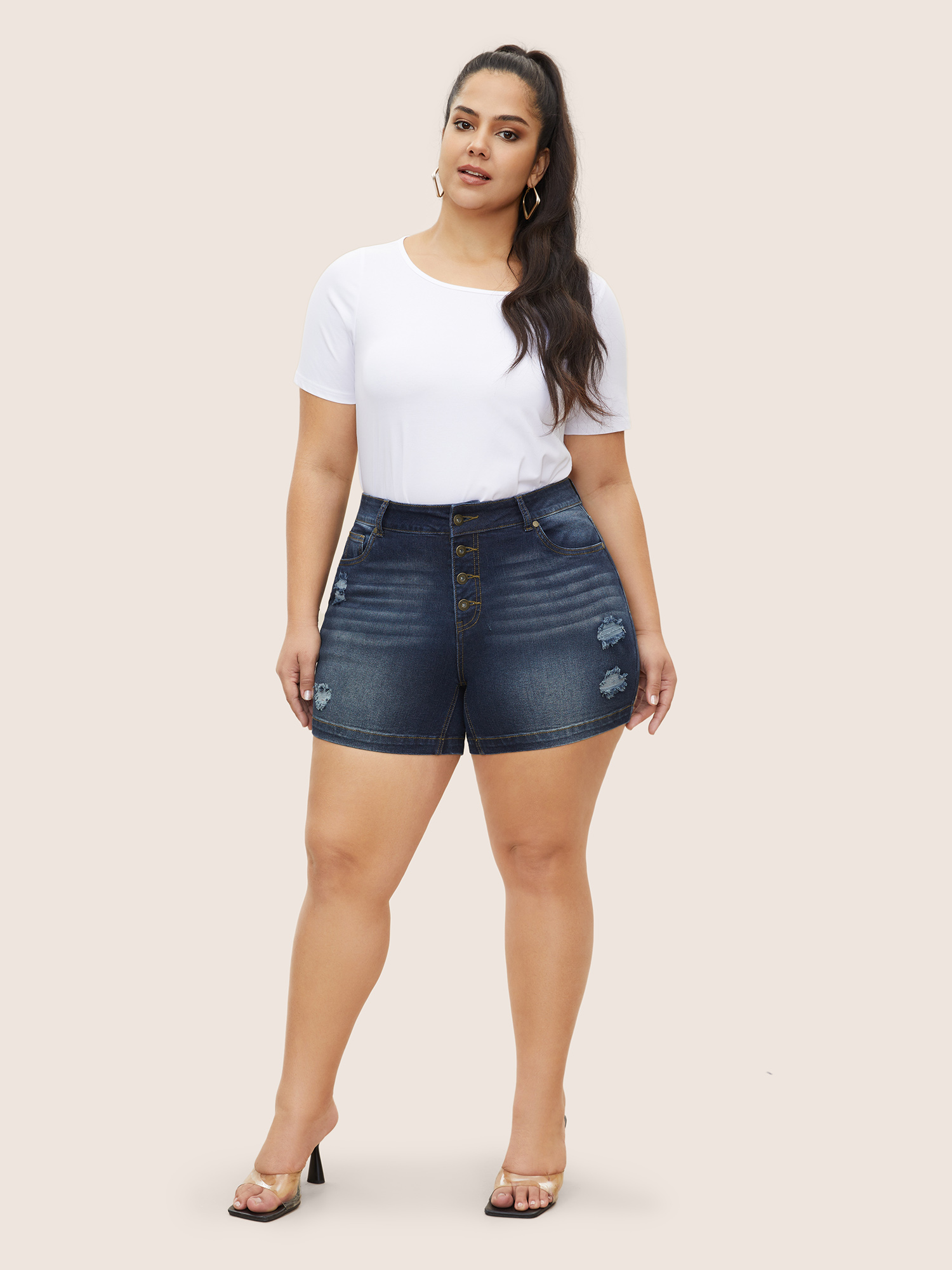 Plus Size Dark Wash Button Up Distressed Denim Shorts Women Midnight Distressed High stretch Everyday Slanted pocket Casual Denim Shorts BloomChic 24/3X 