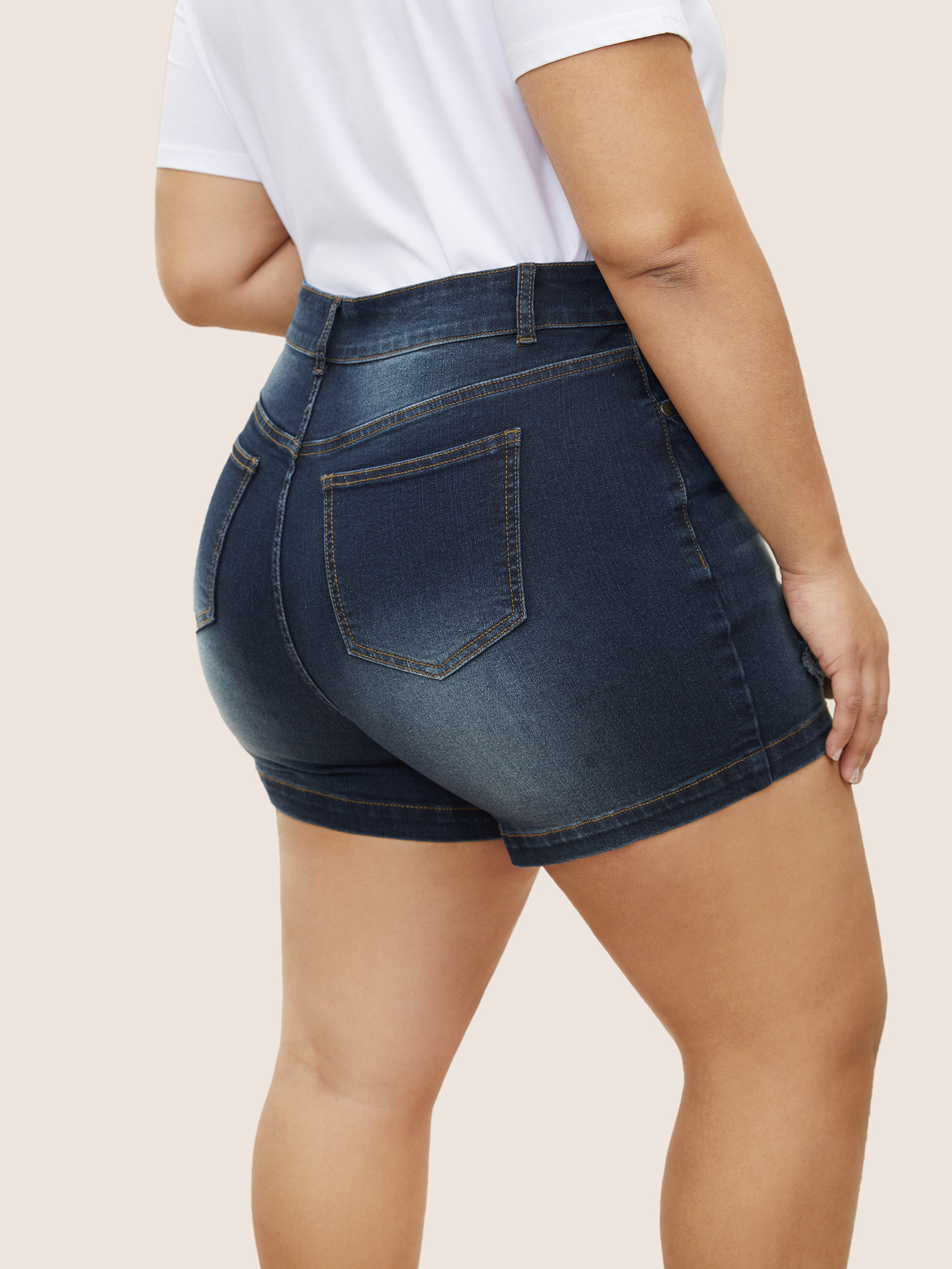 

Plus Size Dark Wash Button Up Distressed Denim Shorts Women Midnight Distressed High stretch Everyday Slanted pocket Casual Denim Shorts BloomChic