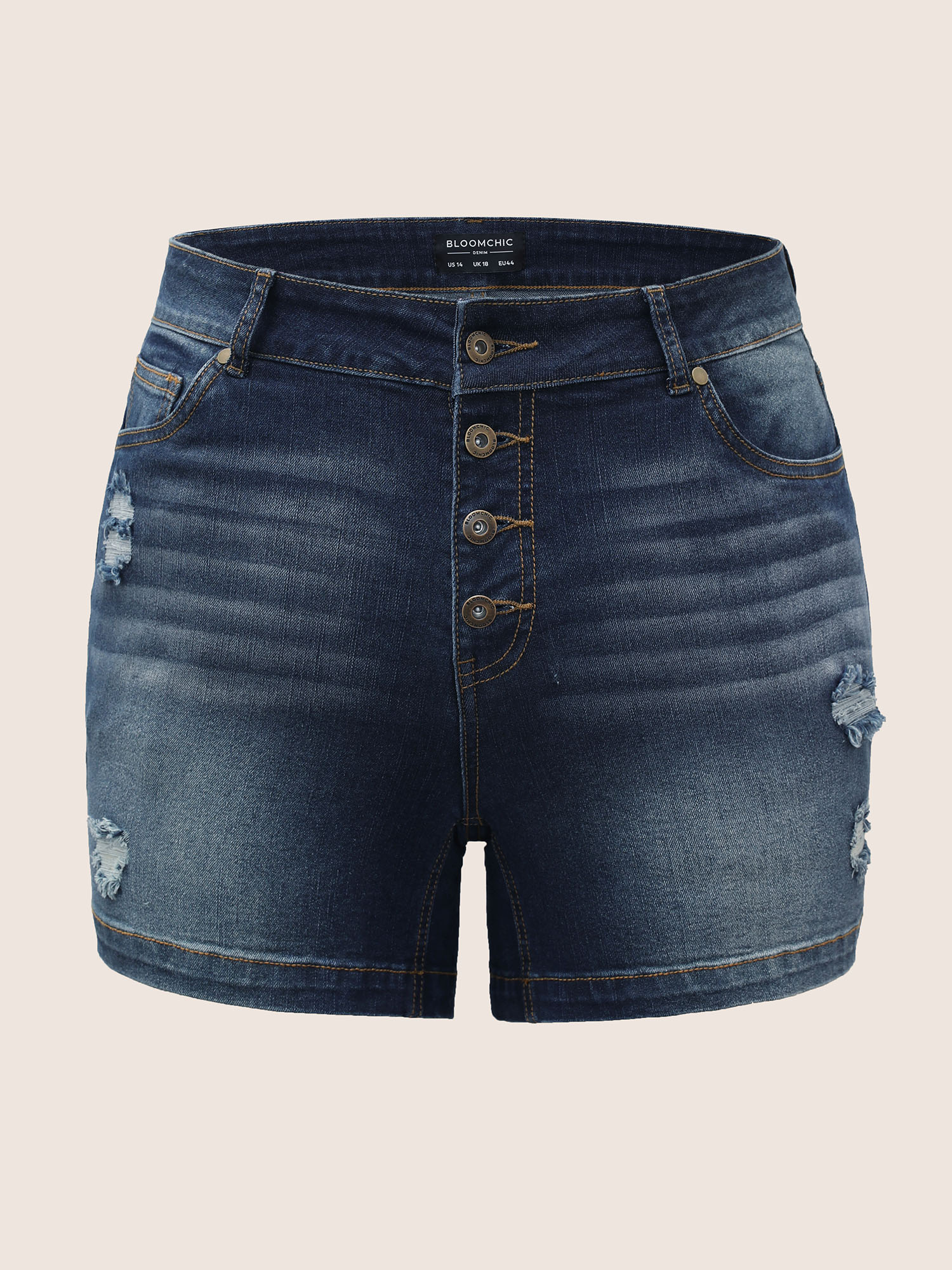 Plus Size Dark Wash Button Up Distressed Denim Shorts Women Midnight Distressed High stretch Everyday Slanted pocket Casual Denim Shorts BloomChic 24/3X 