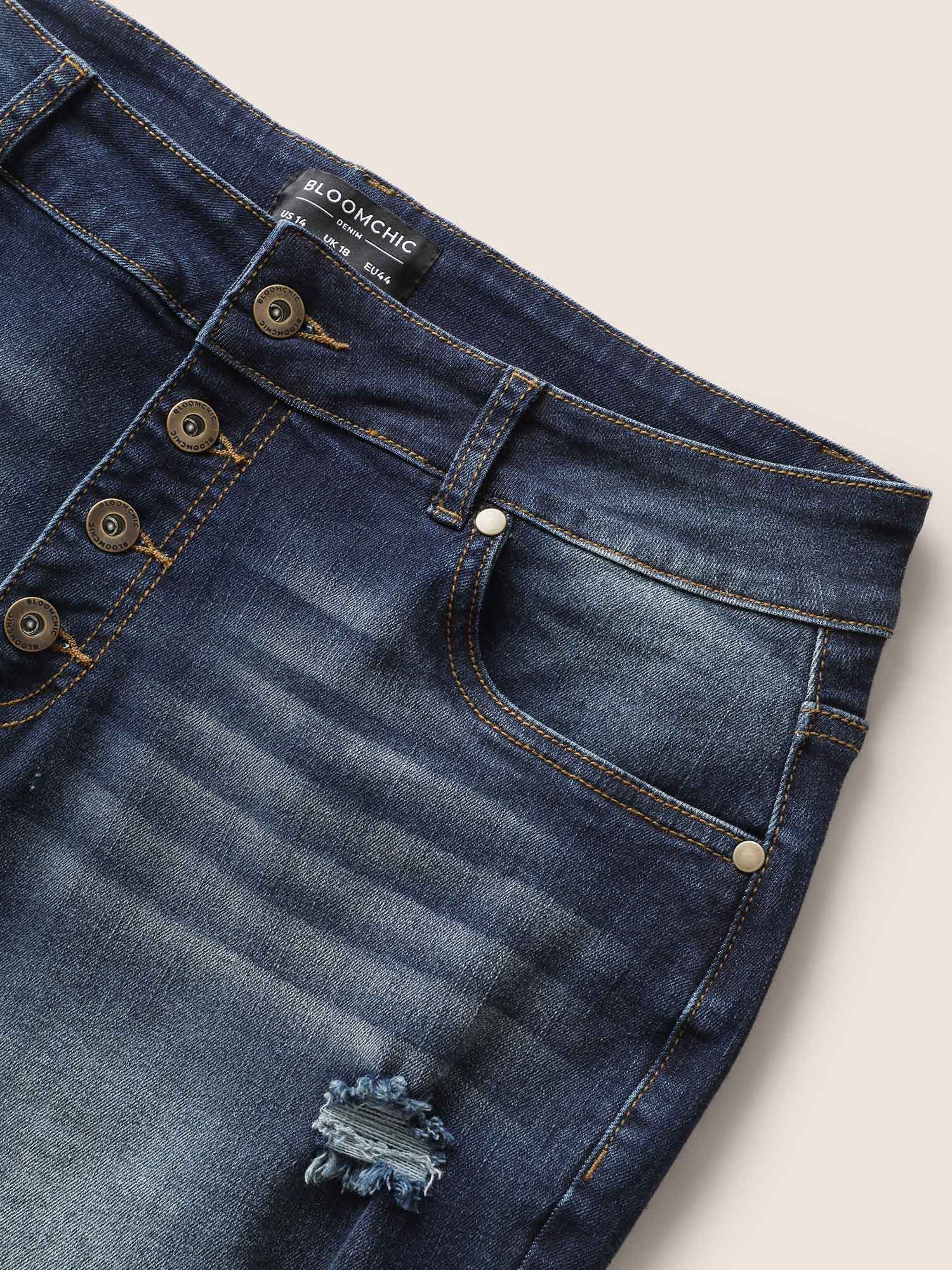 Plus Size Dark Wash Button Up Distressed Denim Shorts Women Midnight Distressed High stretch Everyday Slanted pocket Casual Denim Shorts BloomChic 24/3X 