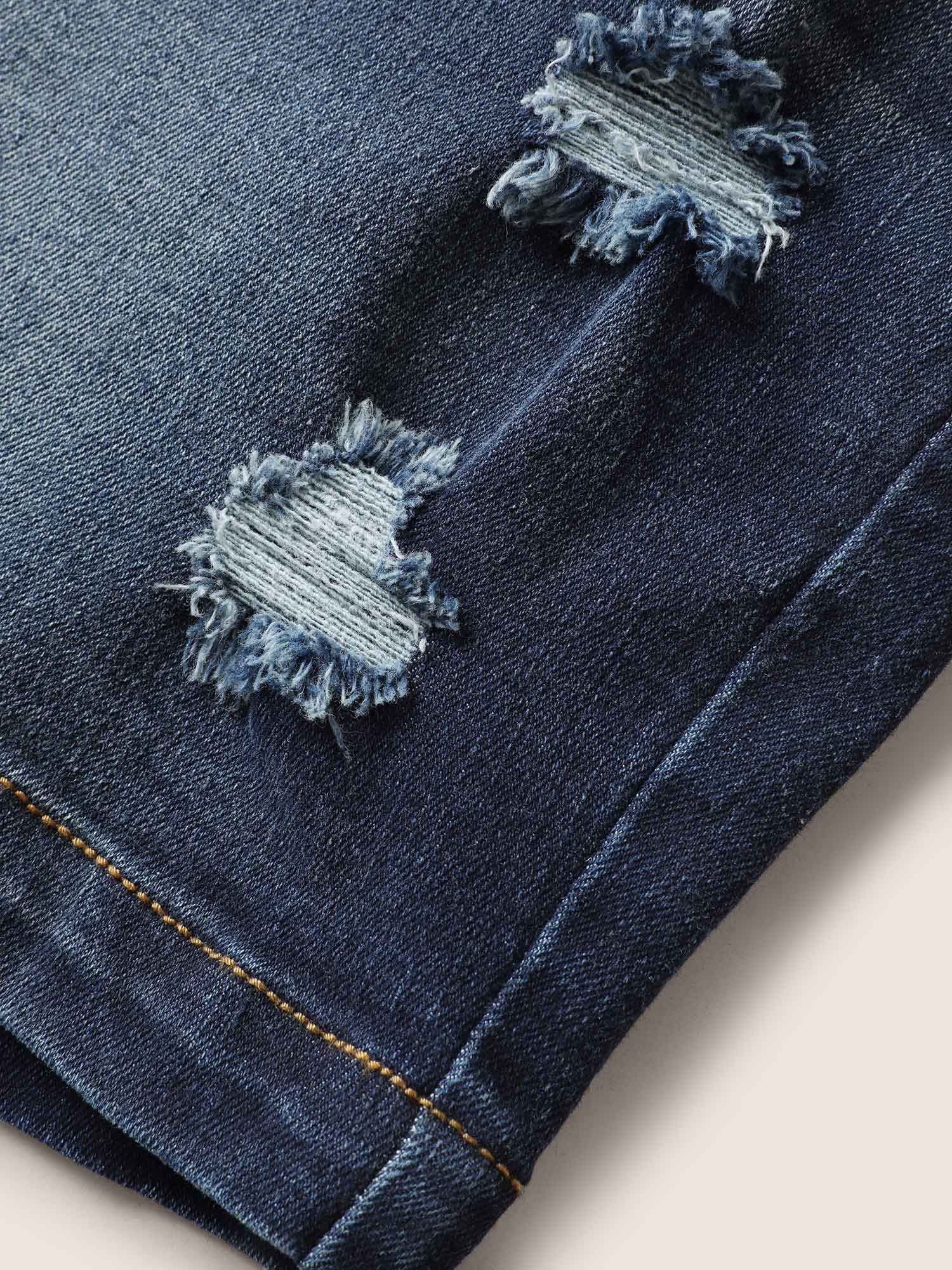 Plus Size Dark Wash Button Up Distressed Denim Shorts Women Midnight Distressed High stretch Everyday Slanted pocket Casual Denim Shorts BloomChic 24/3X 