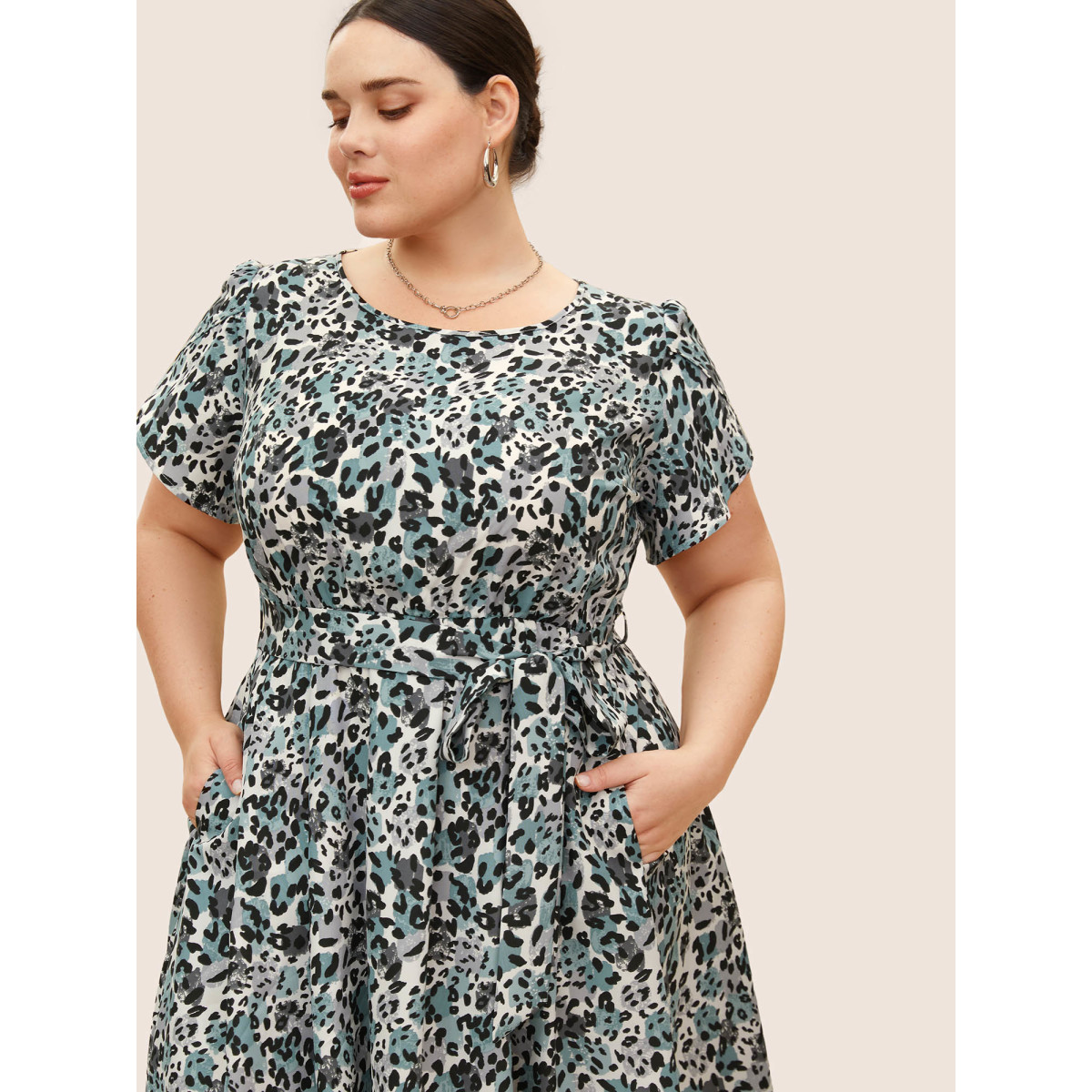 

Plus Size Leopard Print Petal Sleeve Belted Dress Teal Women Belted Round Neck Short sleeve Curvy BloomChic