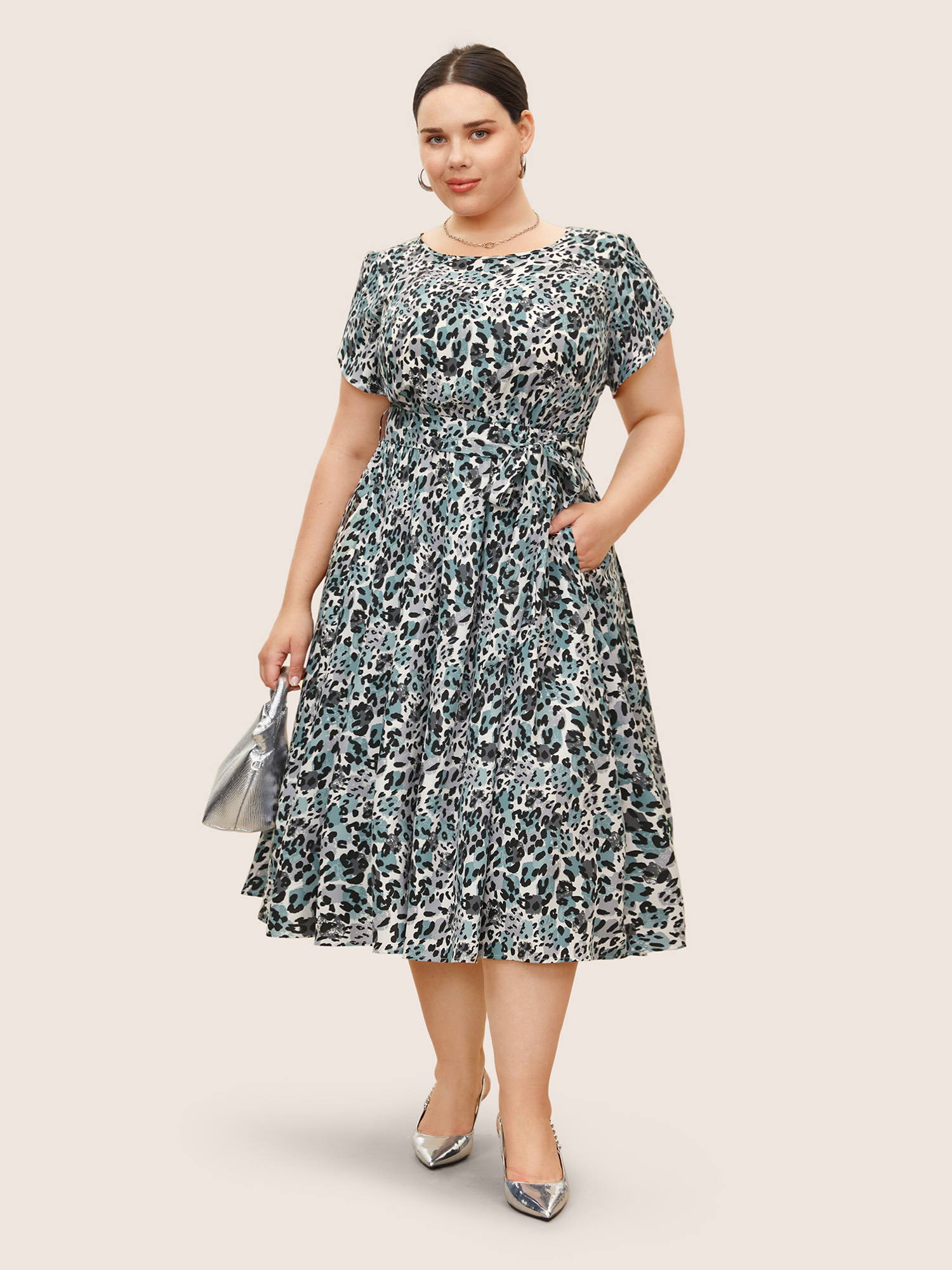 

Plus Size Leopard Print Petal Sleeve Belted Dress Teal Women At the Office Belted Round Neck Short sleeve Curvy BloomChic