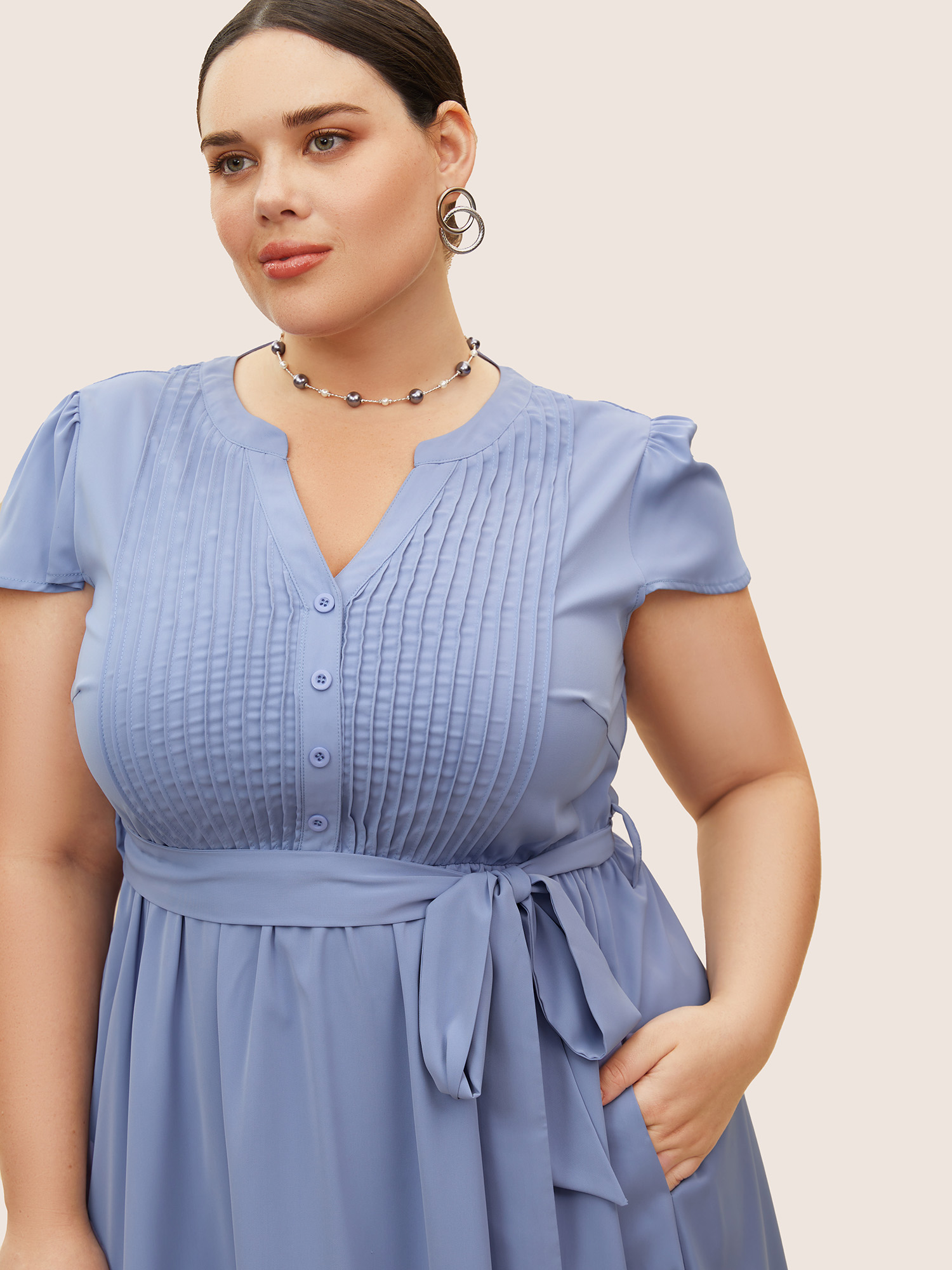Plus Size Plain Pleated Button Detail Cap Sleeve Dress Stone Women Tucked seam Flat collar with V-notch Cap Sleeve Curvy BloomChic 14-16/1X 