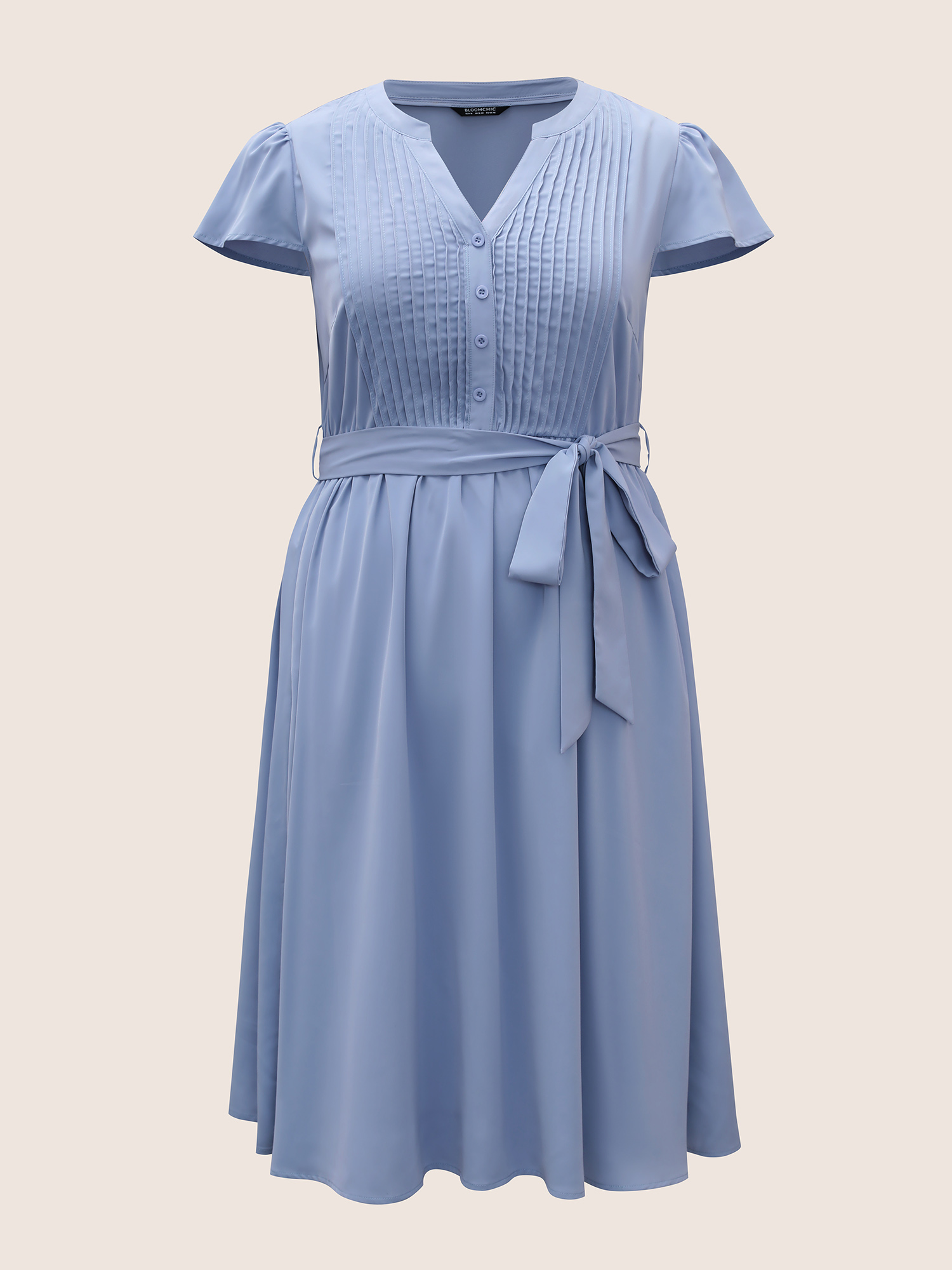 Plus Size Plain Pleated Button Detail Cap Sleeve Dress Stone Women Tucked seam Flat collar with V-notch Cap Sleeve Curvy BloomChic 14-16/1X 