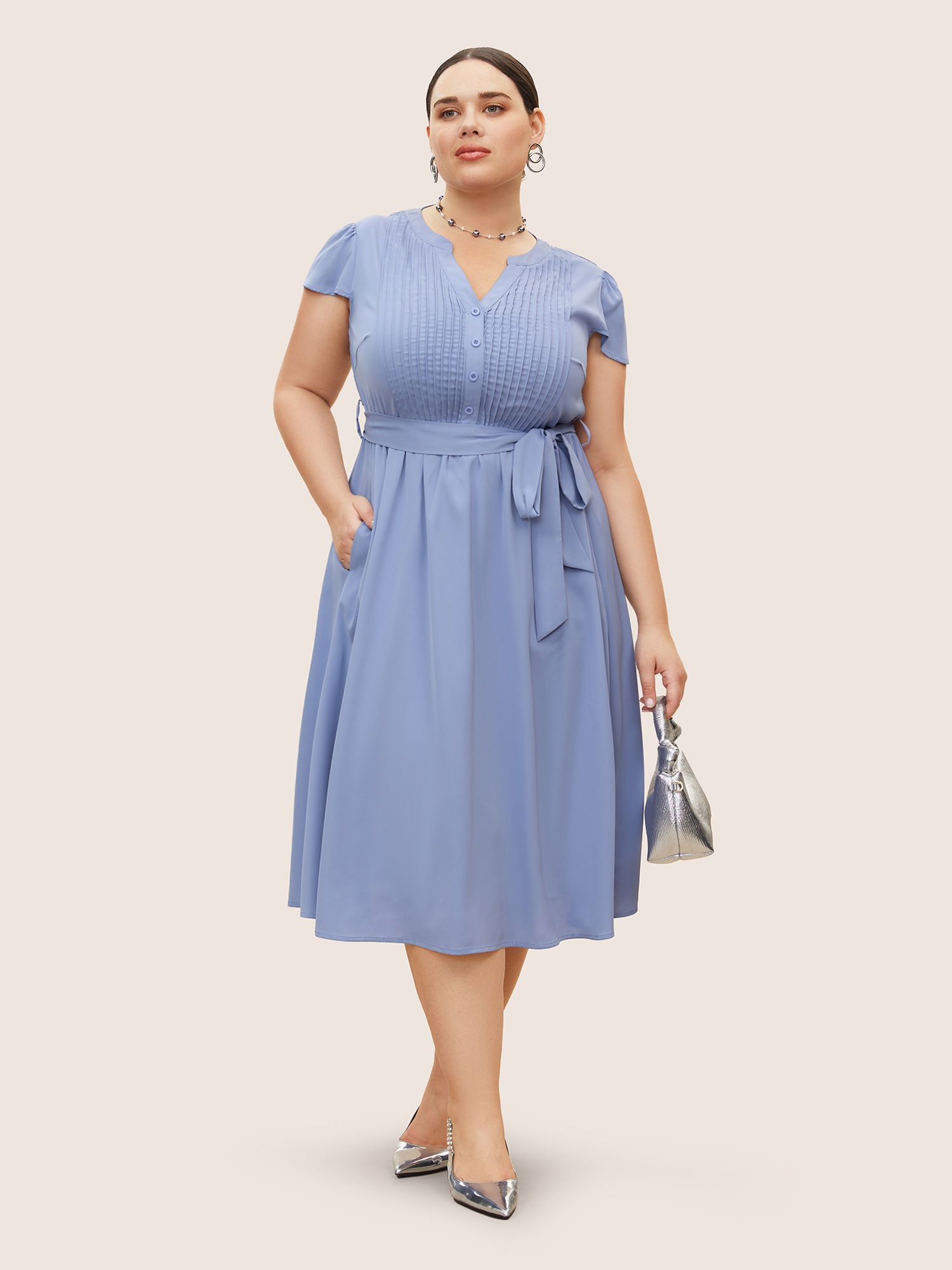Plus Size Plain Pleated Button Detail Cap Sleeve Dress Stone Women Tucked seam Flat collar with V-notch Cap Sleeve Curvy BloomChic 14-16/1X 