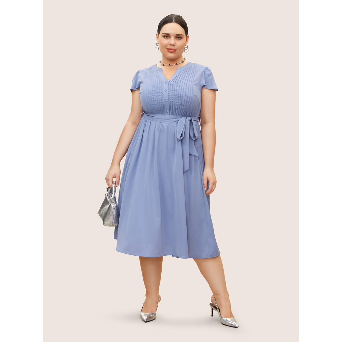 

Plus Size Plain Pleated Button Detail Cap Sleeve Dress Stone Women Tucked seam Flat collar with V-notch Cap Sleeve Curvy BloomChic