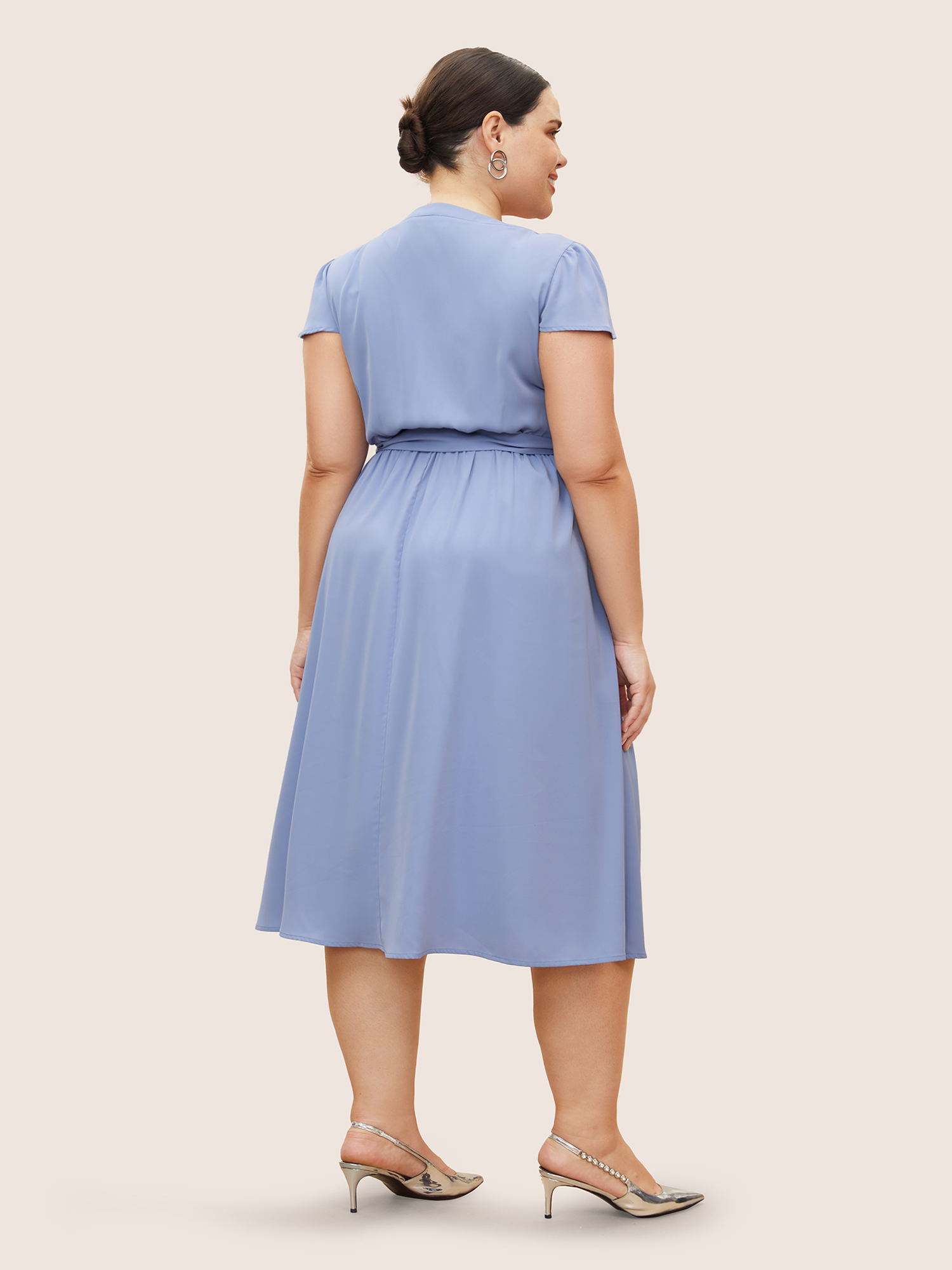 Plus Size Plain Pleated Button Detail Cap Sleeve Dress Stone Women Tucked seam Flat collar with V-notch Cap Sleeve Curvy BloomChic 14-16/1X 
