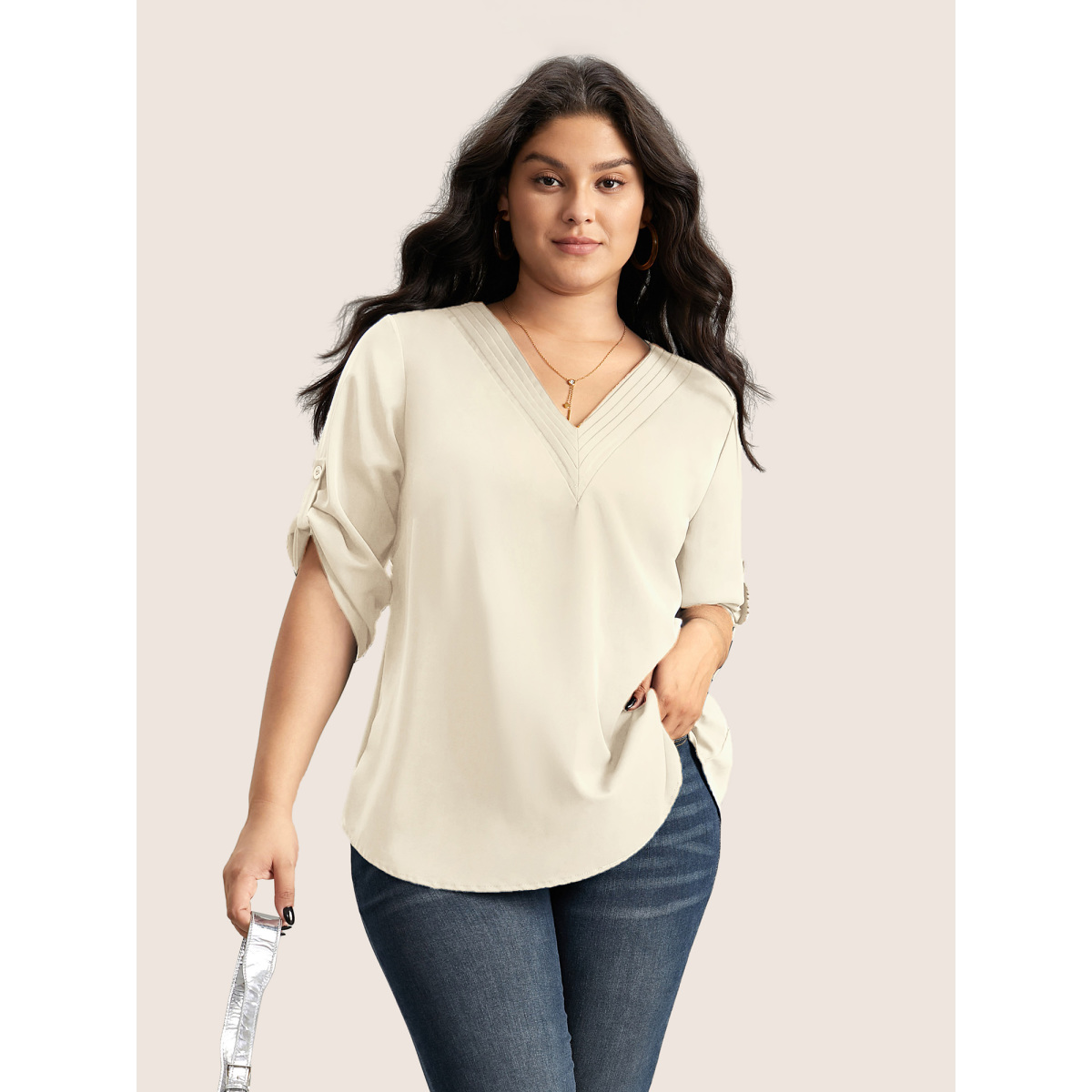

Plus Size Ivory Anti-Wrinkle Plain Pleated Tab Sleeve Blouse Women At the Office Elbow-length sleeve V-neck Work Blouses BloomChic