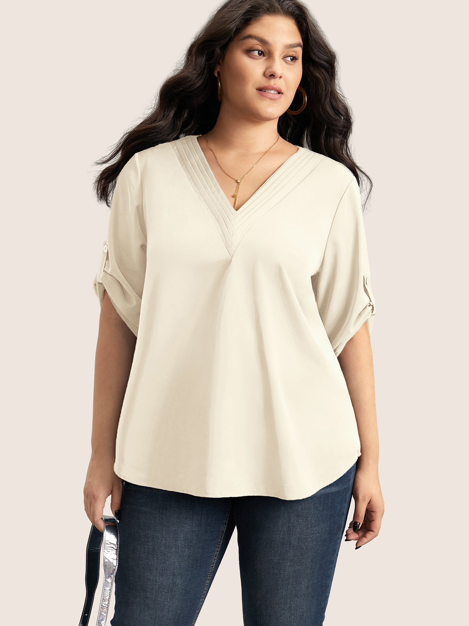

Plus Size Ivory V Neck Plain Pleated Tab Sleeve Blouse Women At the Office Elbow-length sleeve V-neck Work Blouses BloomChic