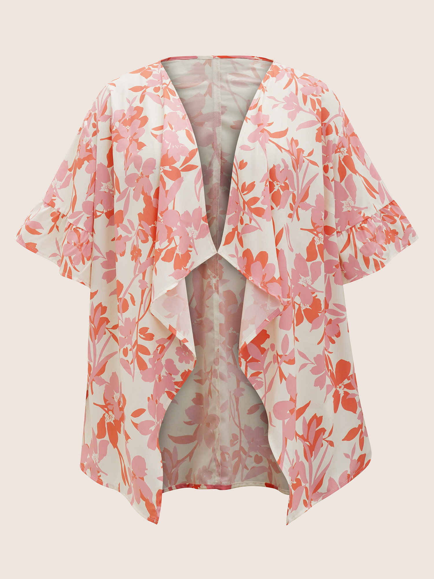 

Plus Size Silhouette Floral Print Ruffle Trim Kimono Women Salmon Elegant Ruffles Loose Everyday Kimonos BloomChic