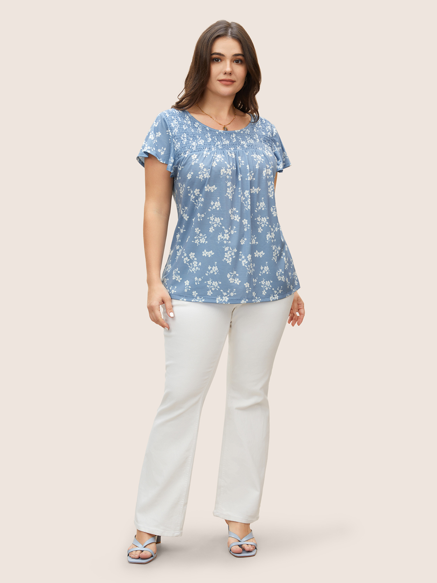 

Plus Size Round Neck Floral Print Shirred T-shirt Stone Round Neck Short sleeve Elegant Jersey Tops