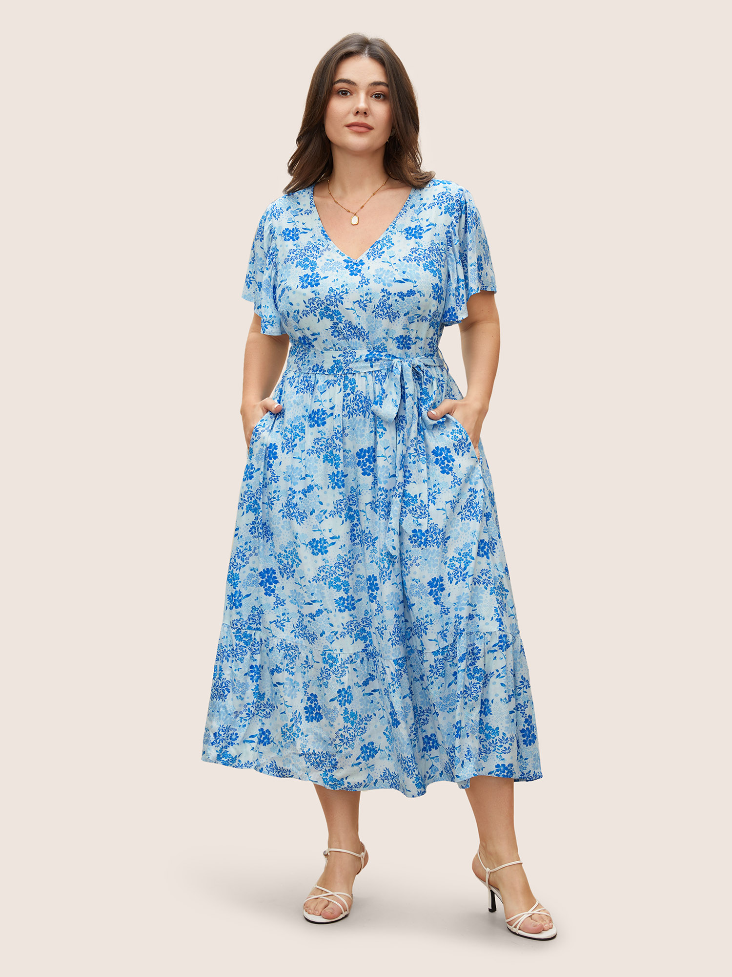 Plus Size V Neck Floral Ruffles Tie Knot Dress Skyblue Women Tie knot V-neck Short sleeve Curvy Midi Dress BloomChic 30/6X 