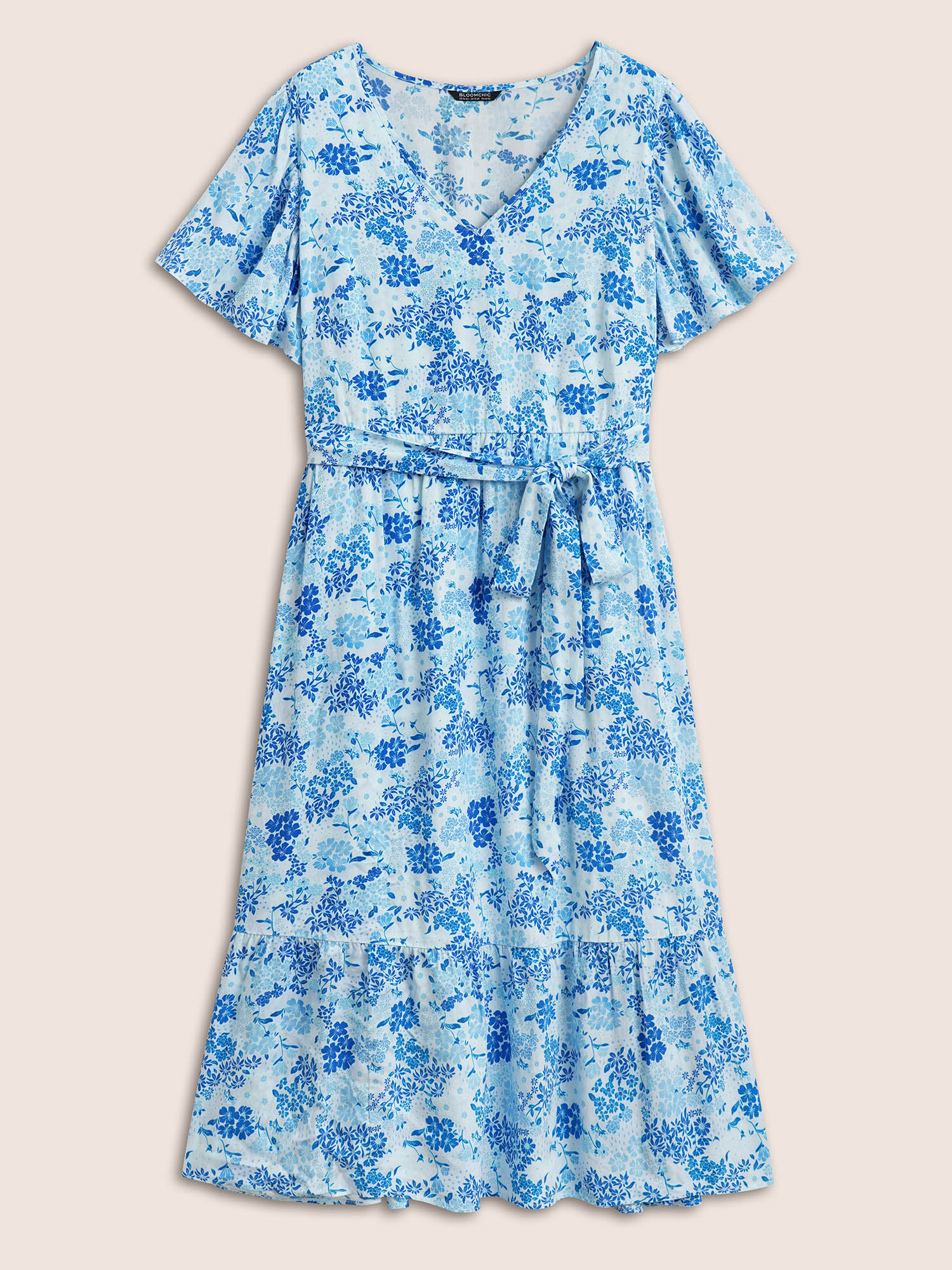 Plus Size V Neck Floral Ruffles Tie Knot Dress Skyblue Women Tie knot V-neck Short sleeve Curvy Midi Dress BloomChic 30/6X 