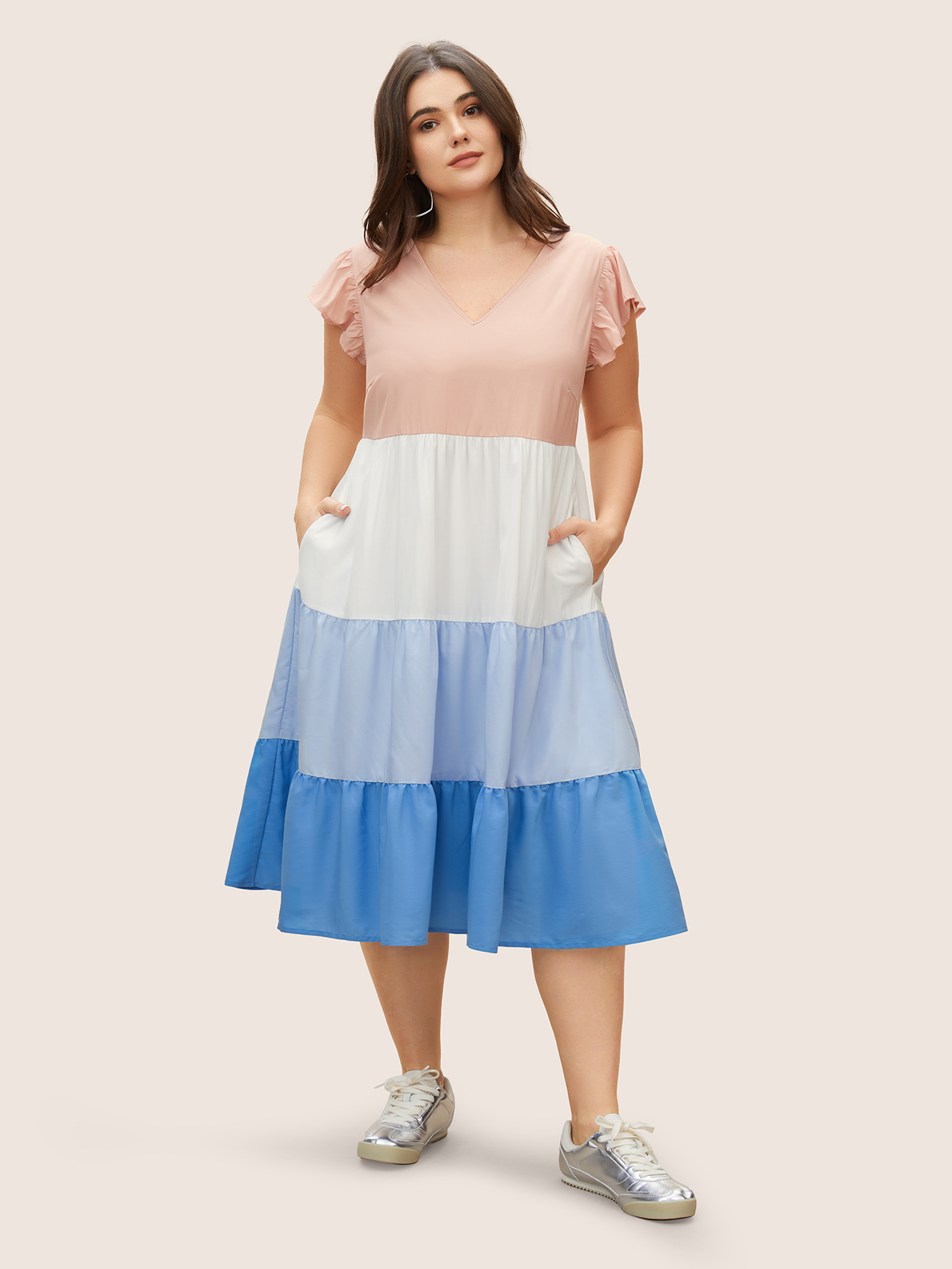 Plus Size Colorblock Contrast Ruffle Cap Sleeve Dress Multicolor Women Patchwork V-neck Cap Sleeve Curvy BloomChic 10/M 