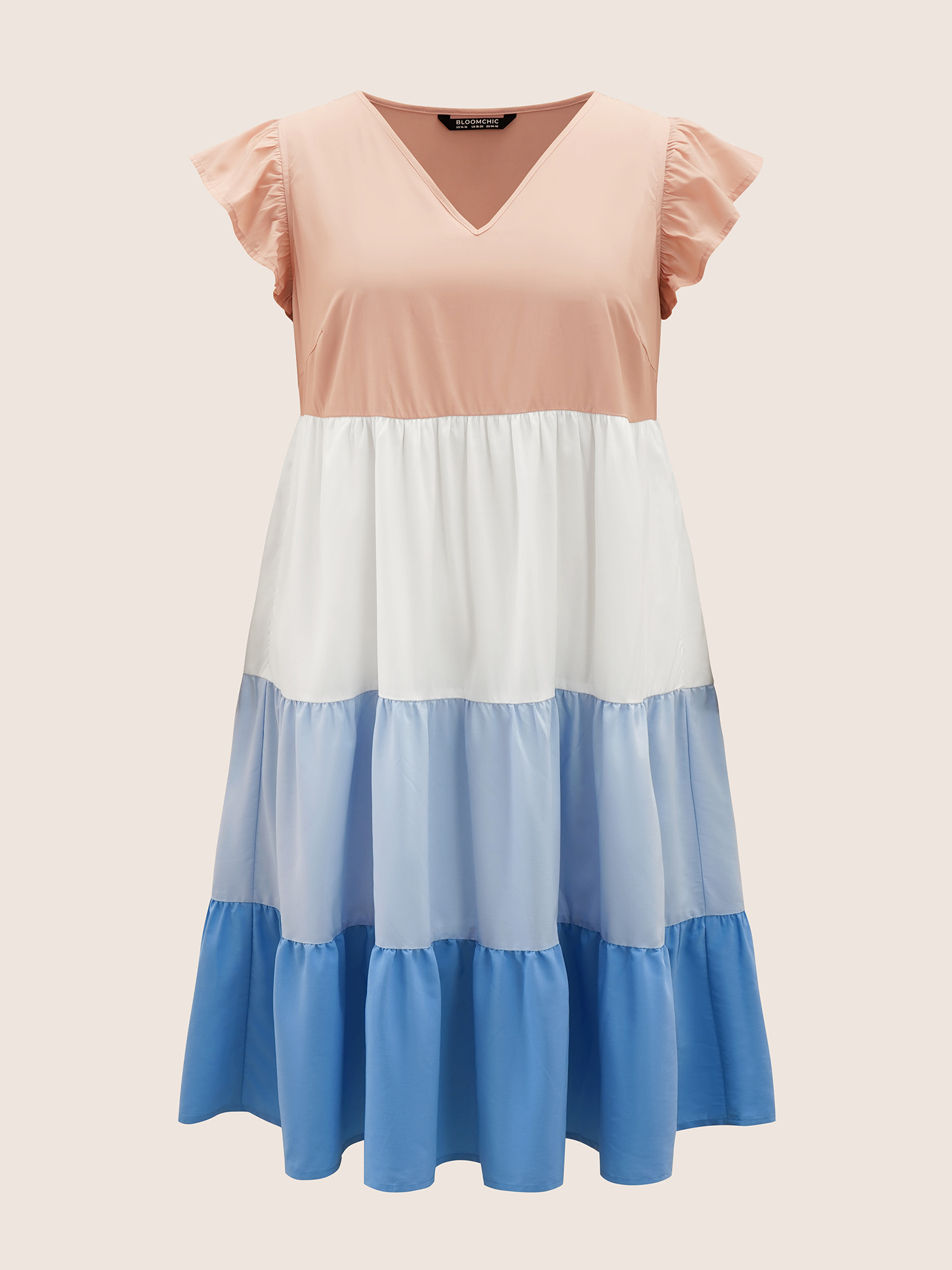 Plus Size Colorblock Contrast Ruffle Cap Sleeve Dress Multicolor Women Patchwork V-neck Cap Sleeve Curvy BloomChic 10/M 