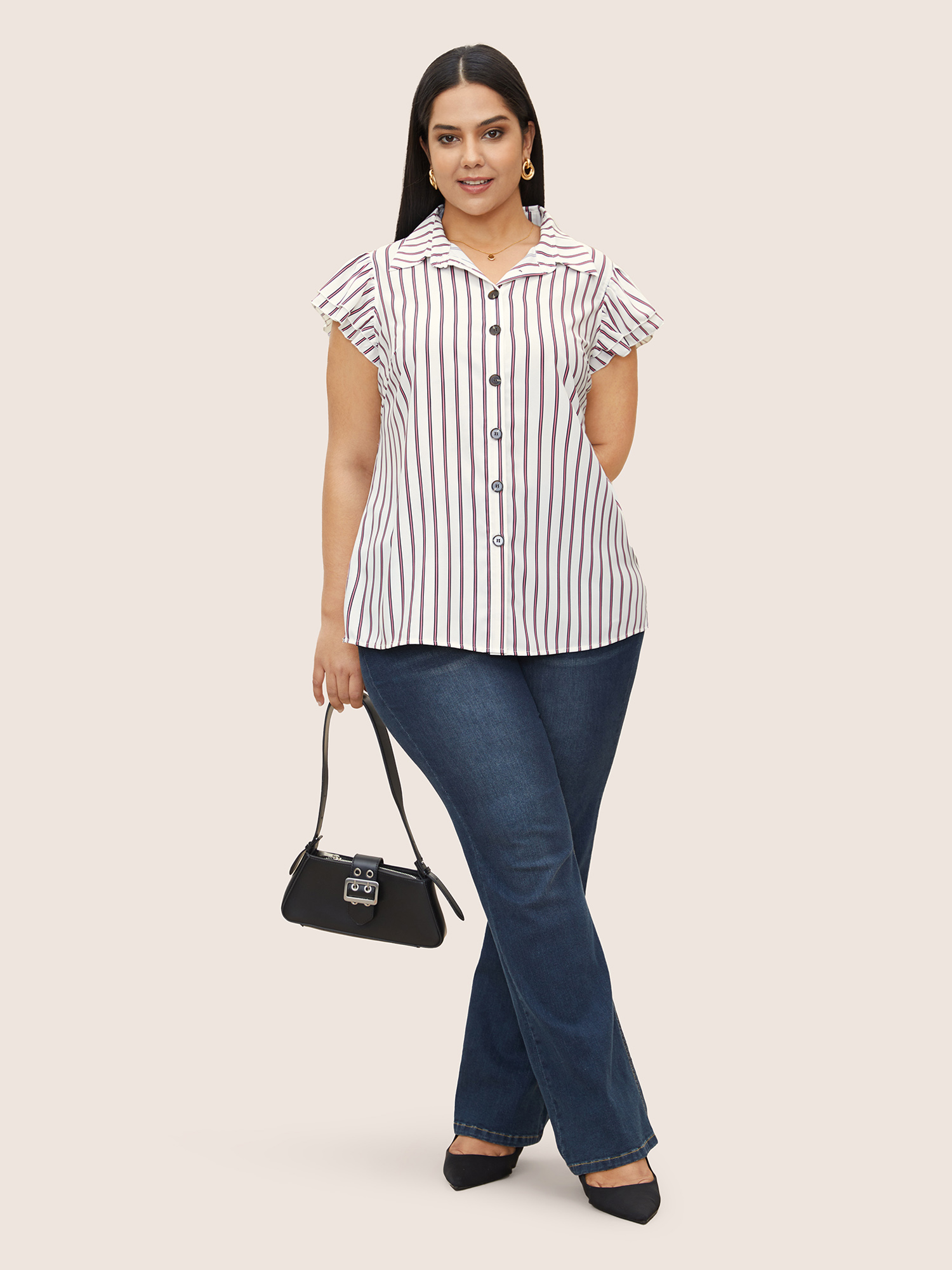 Plus Size White Striped Tiered Ruffle Cap Sleeve Blouse Women At the Office Cap Sleeve Shirt collar Work Blouses BloomChic 18-20/2X 