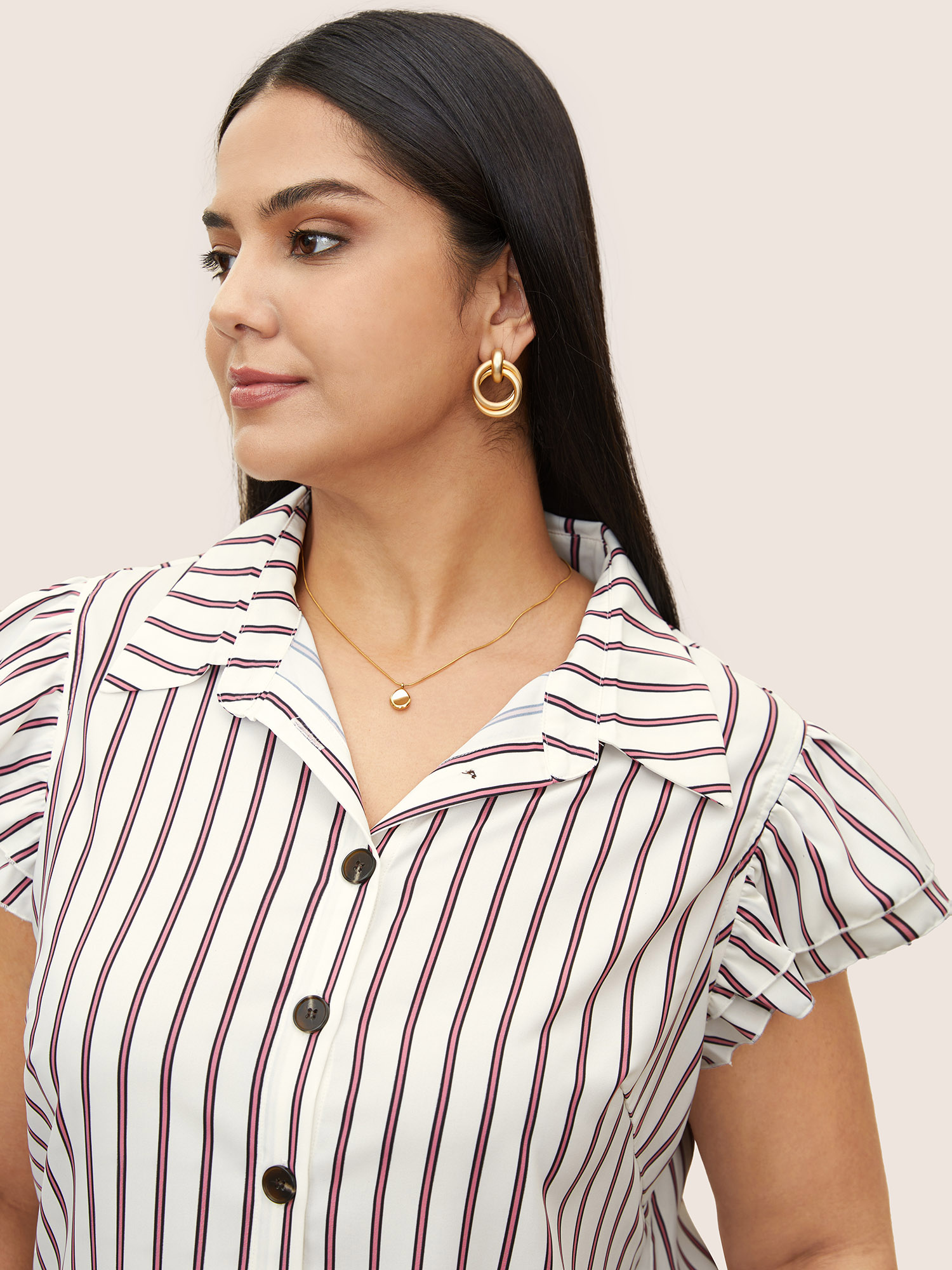 

Plus Size White Striped Tiered Ruffle Cap Sleeve Blouse Women At the Office Cap Sleeve Shirt collar Work Blouses BloomChic