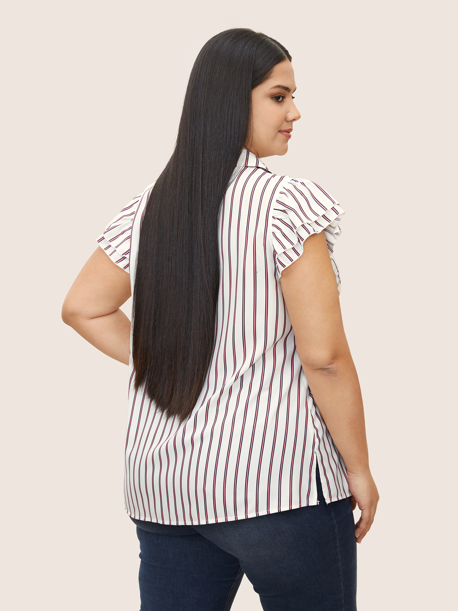 Plus Size White Striped Tiered Ruffle Cap Sleeve Blouse Women At the Office Cap Sleeve Shirt collar Work Blouses BloomChic 18-20/2X 
