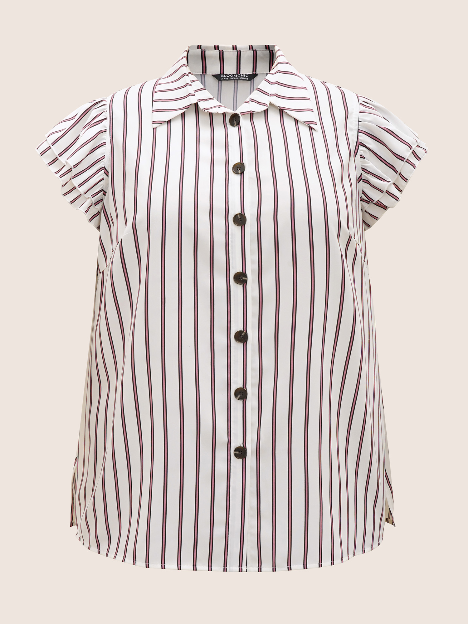 Plus Size White Striped Tiered Ruffle Cap Sleeve Blouse Women At the Office Cap Sleeve Shirt collar Work Blouses BloomChic 18-20/2X 