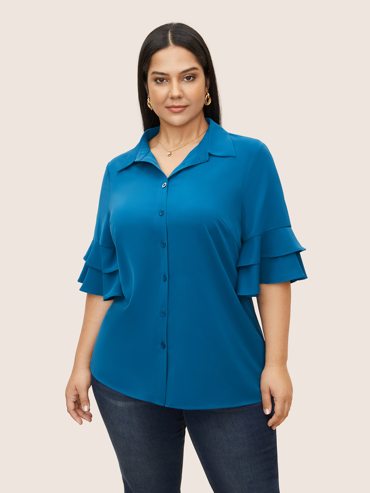 

Plus Size Aegean Plain Shirt Collar Tiered Flutter Sleeve Blouse Women At the Office Half Sleeve Shirt collar Work Blouses BloomChic