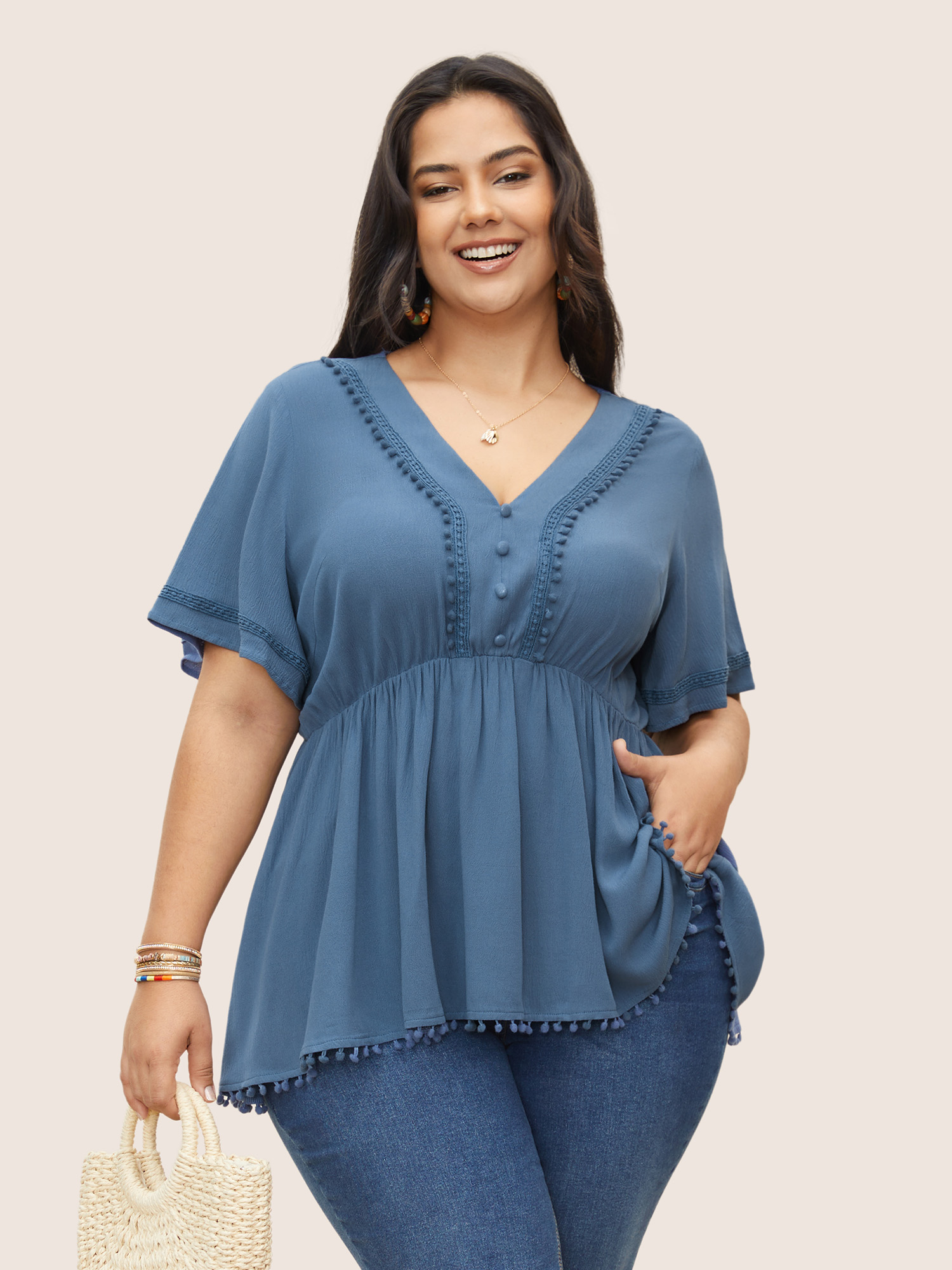 

Plus Size Aegean Rayon Plain Button Detail Pompom Trim Blouse Women Resort Short sleeve V-neck Vacation Blouses BloomChic