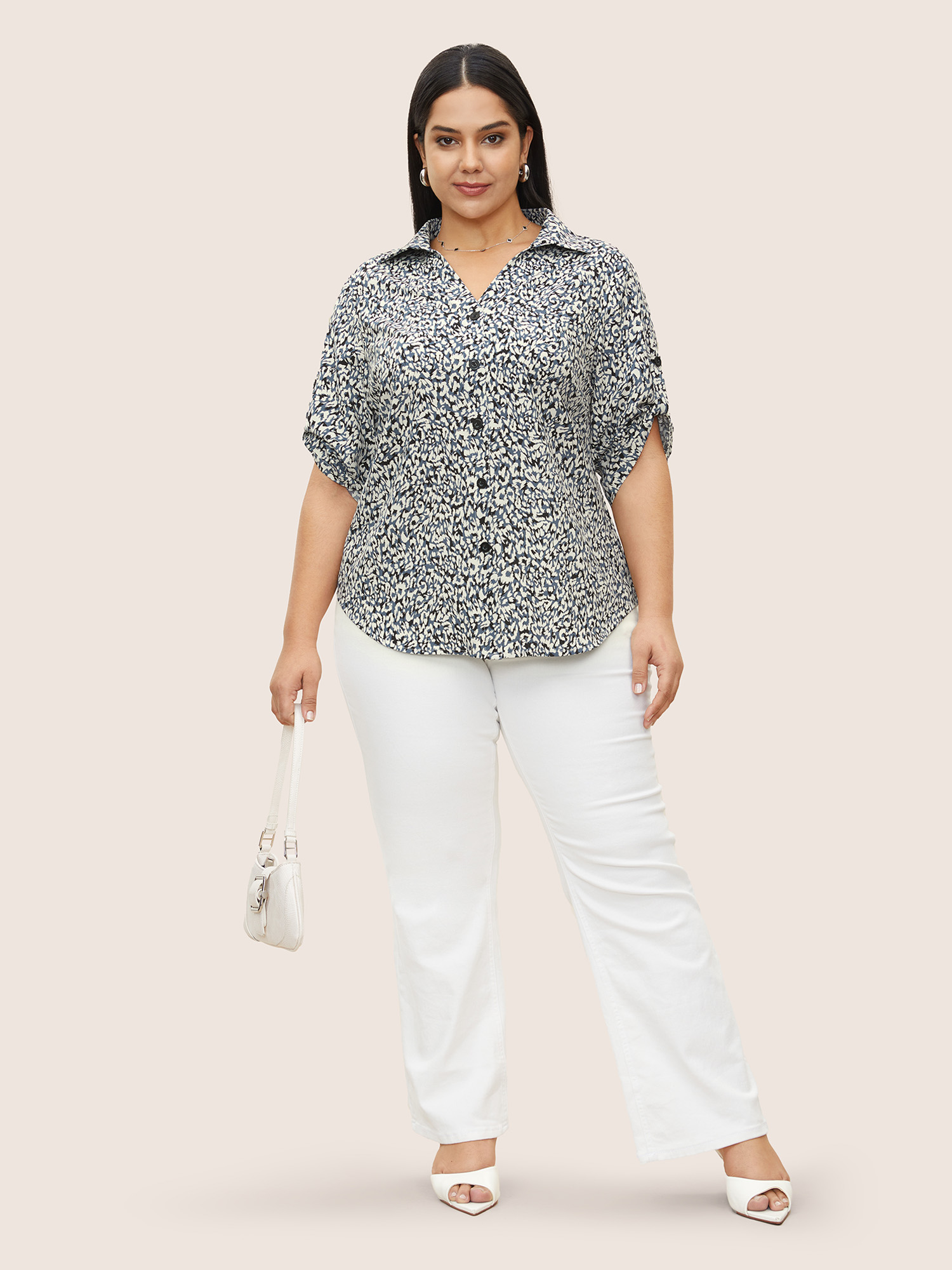 Plus Size Multicolor Leopard Print Shirt Collar Tab Sleeve Blouse Women At the Office Half Sleeve Shirt collar Work Blouses BloomChic 30/6X 