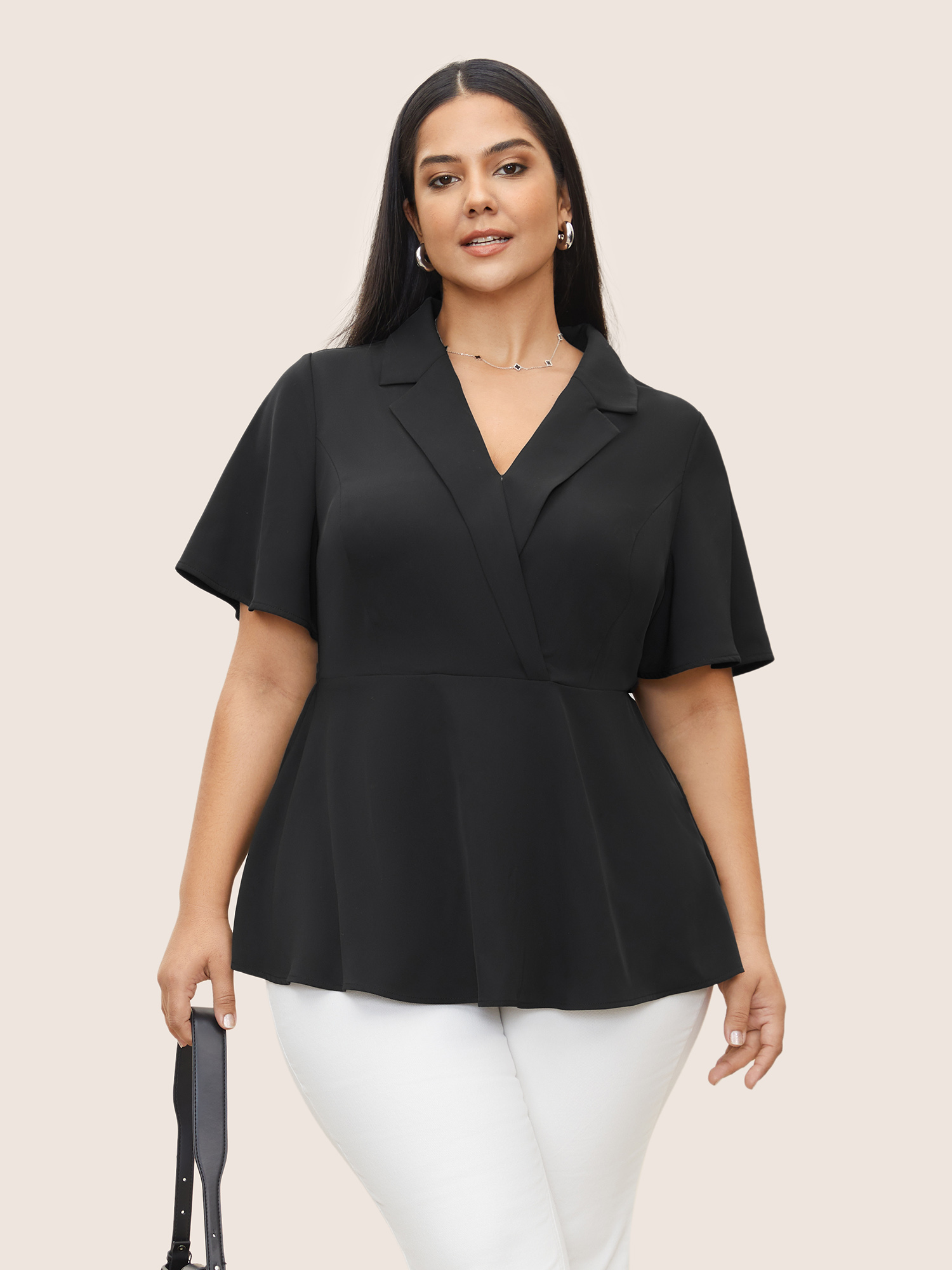 

Plus Size Black Plain Suit Collar Ruffle Sleeve Blouse Women At the Office Short sleeve Suit Collar Work Blouses BloomChic