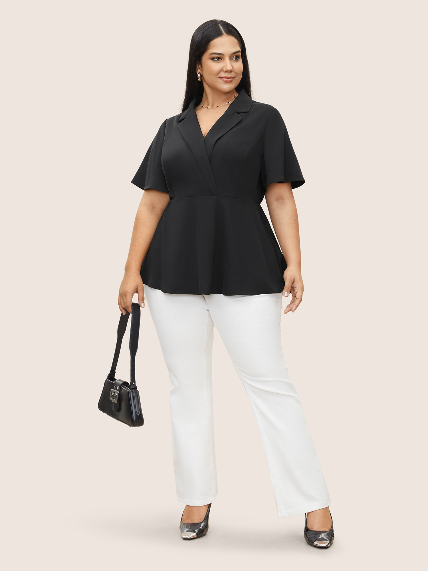 

Plus Size Black Plain Suit Collar Ruffle Sleeve Blouse Women At the Office Short sleeve Suit Collar Work Blouses BloomChic