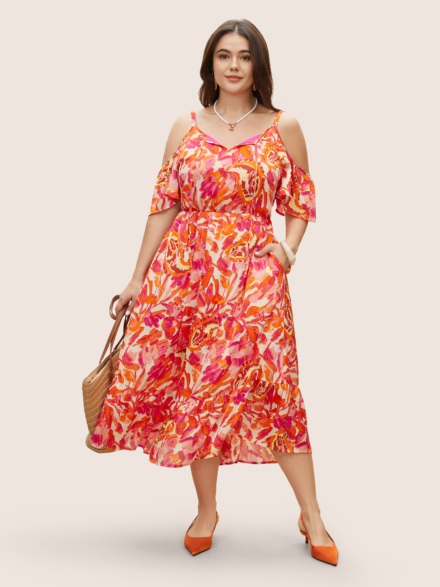 Plus Size Floral Tie Knot Cold Shoulder Pocket Dress Pink Women Tie knot Non Sleeveless Curvy BloomChic 10/M 