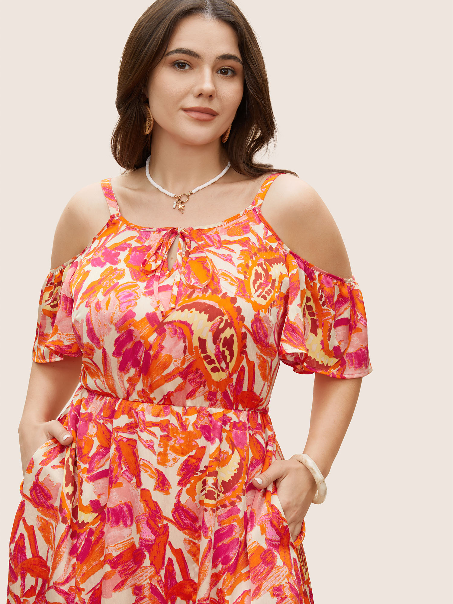 

Plus Size Floral Tie Knot Cold Shoulder Pocket Dress Pink Women Resort Tie knot Non Sleeveless Curvy BloomChic
