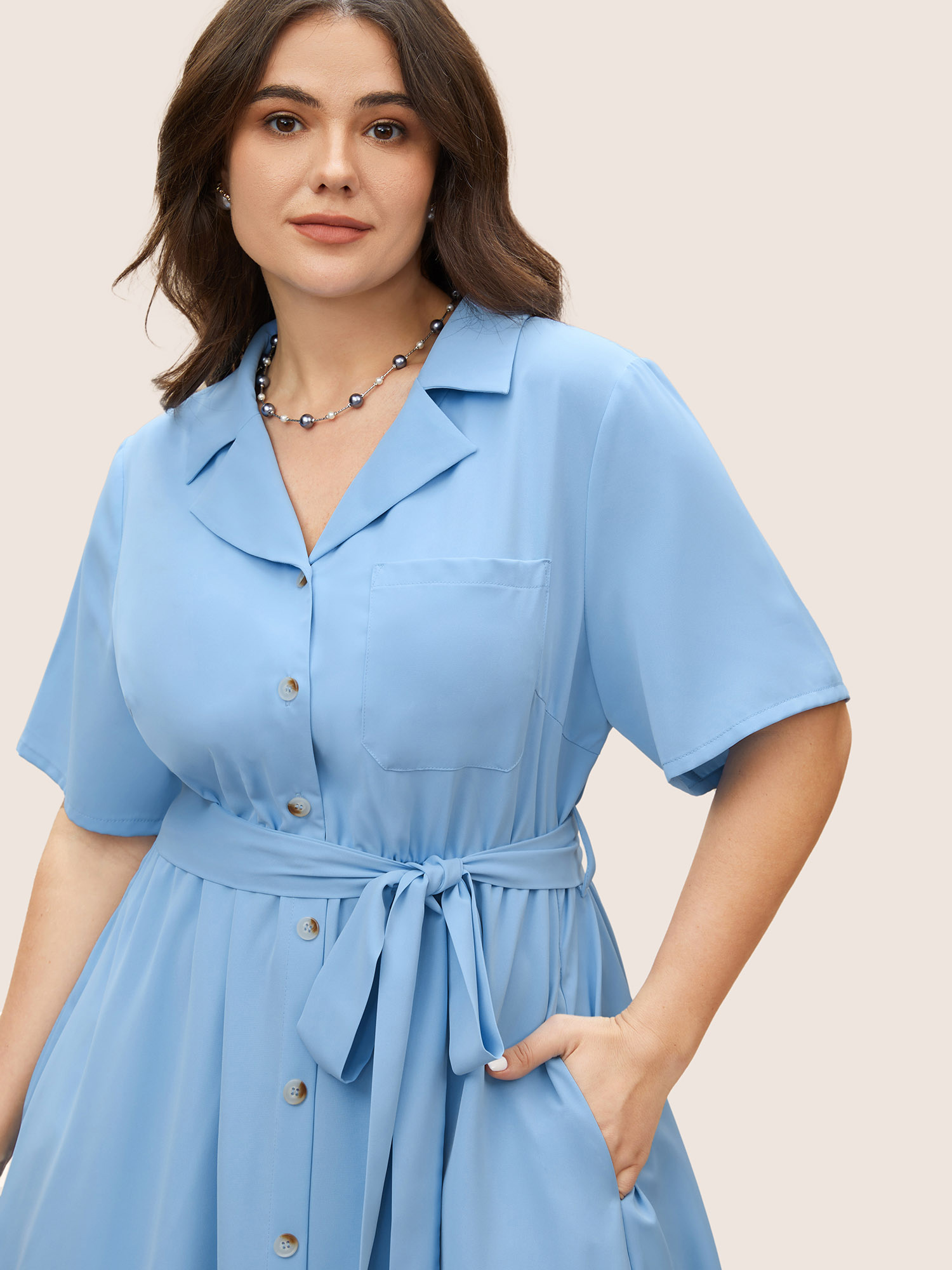 

Plus Size Suit Collar Plain Button Up Dress LightBlue Women At the Office Belted Suit Collar Short sleeve Curvy BloomChic