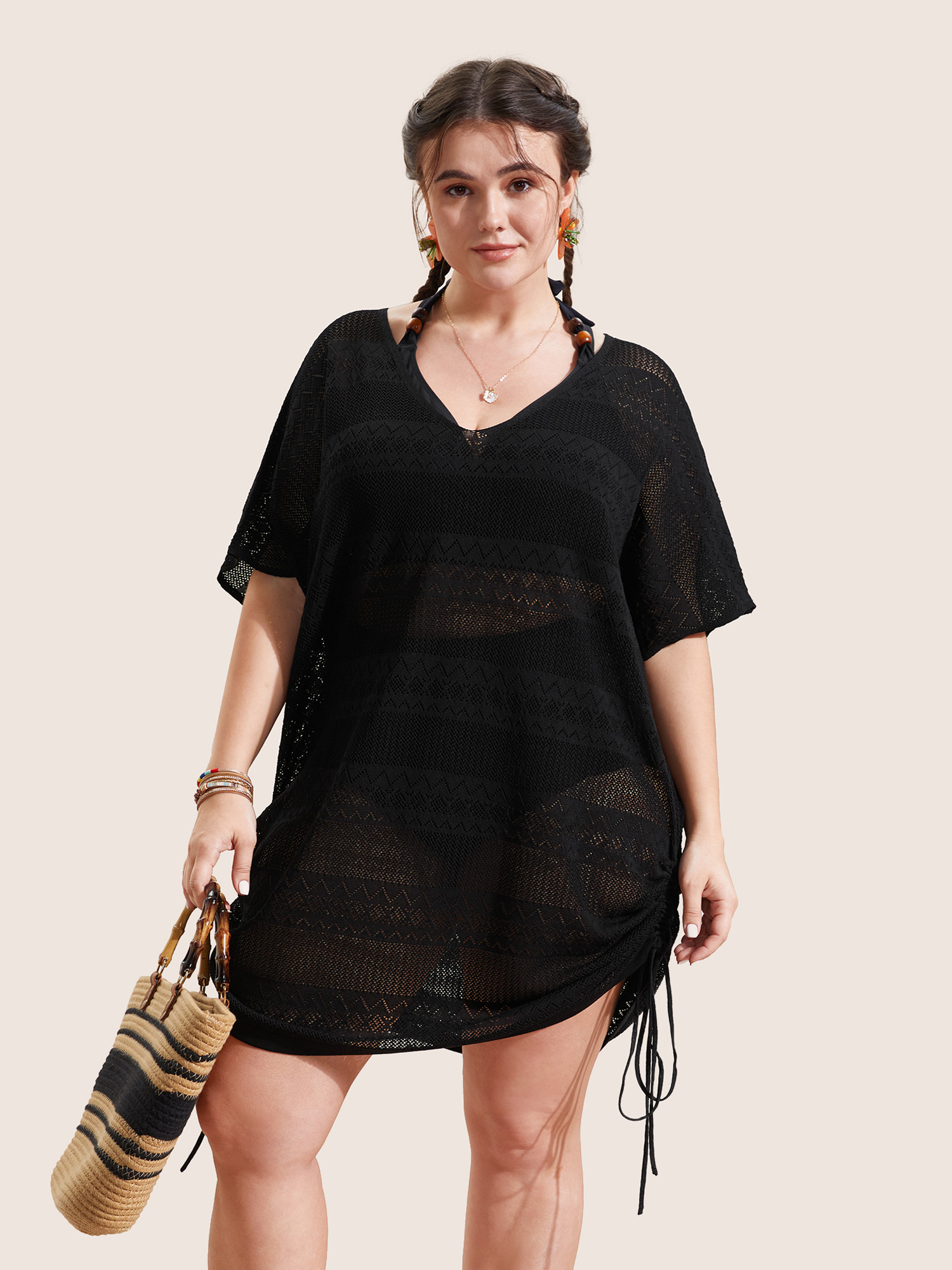 BloomChic Women's Plus Size Deep V Neck Cut Out Drawstring Swim Cover Up Black Short sleeve 28/5X