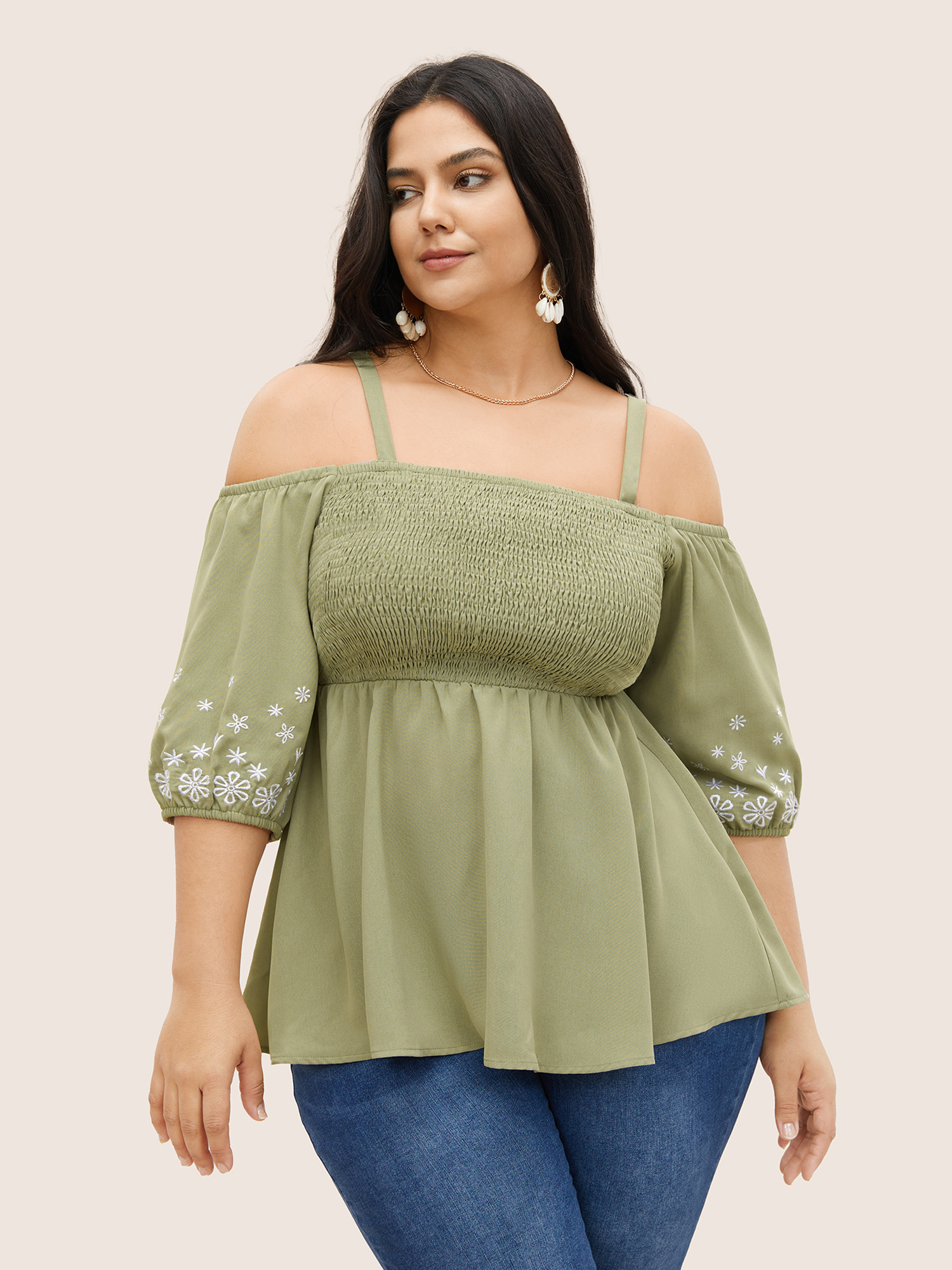 

Plus Size Mint Floral Embroidered Shirred Off Shoulder Blouse Women Resort Half Sleeve One-shoulder neck Vacation Blouses BloomChic