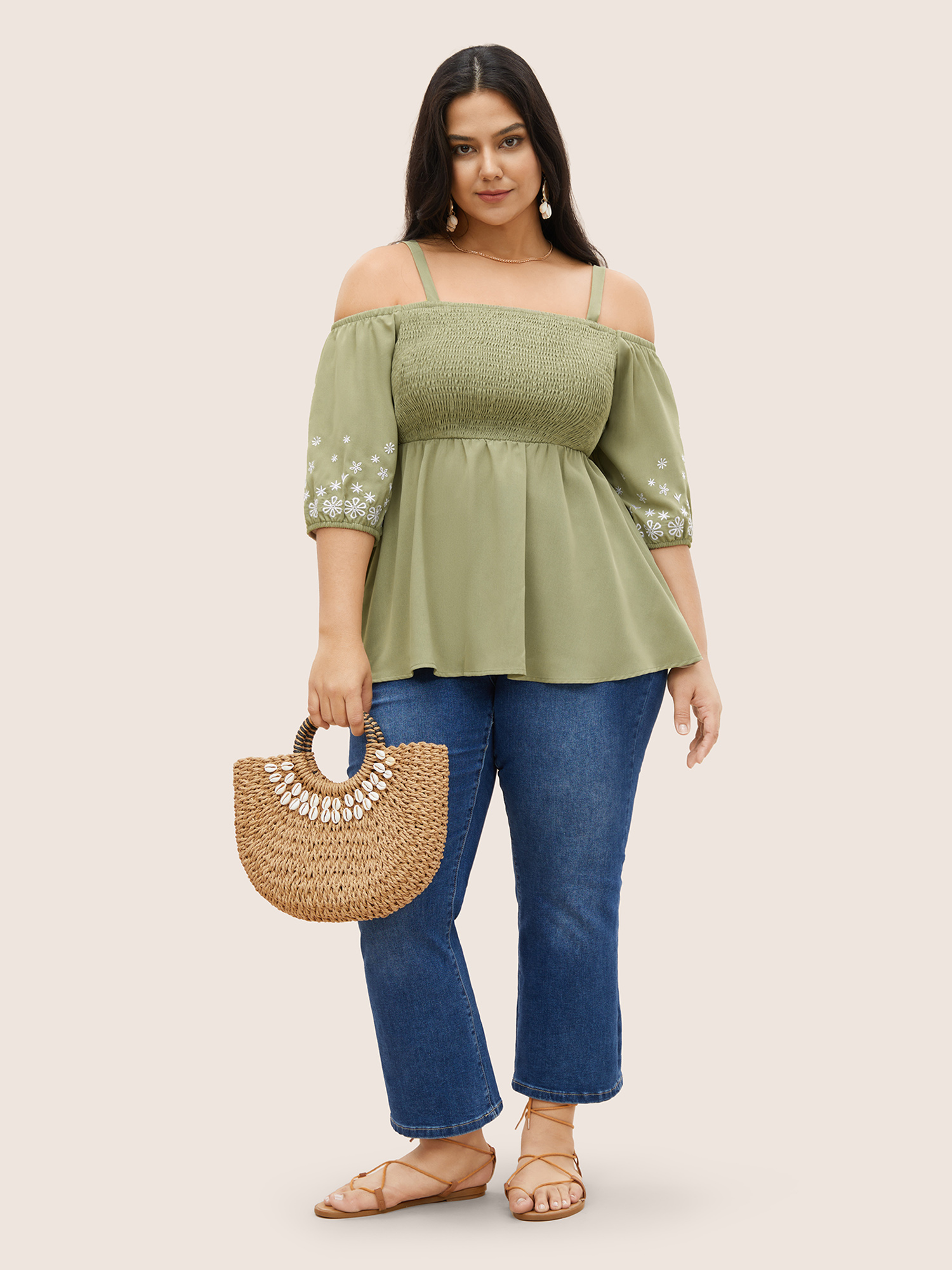 Plus Size Mint Floral Embroidered Shirred Off Shoulder Blouse Women Resort Half Sleeve One-shoulder neck Vacation Blouses BloomChic 28/5X 